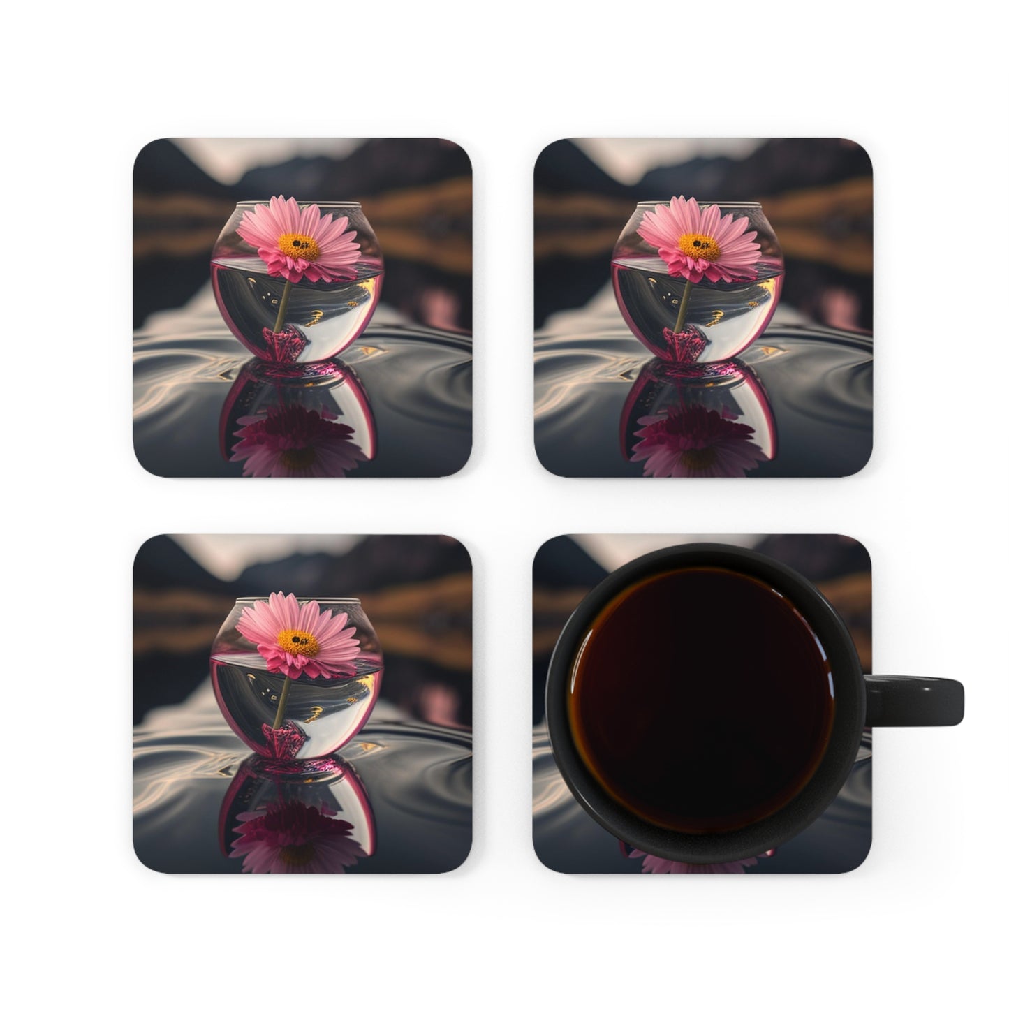 Corkwood Coaster Set Pink Daisy 1