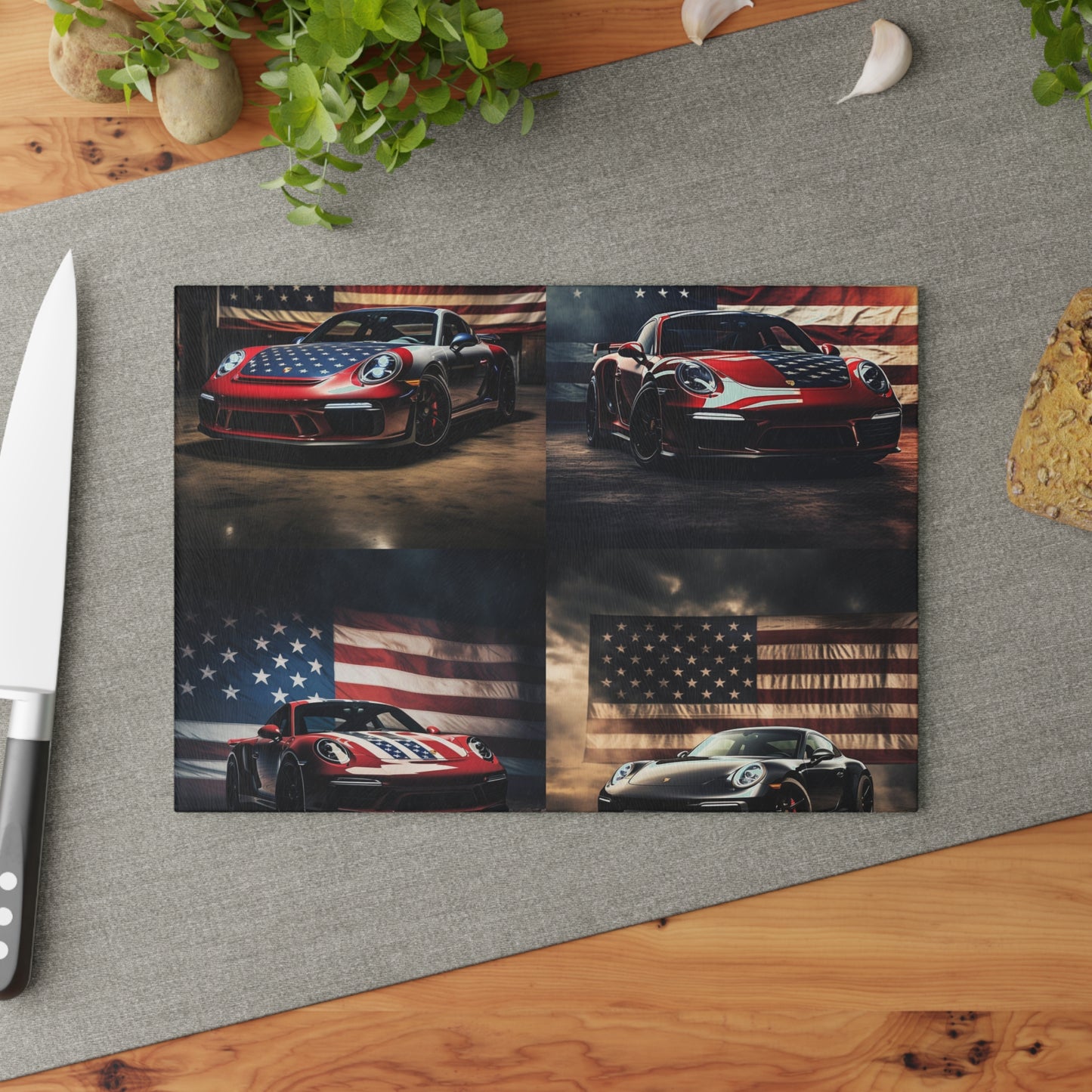 Glass Cutting Board American Flag Background Porsche 5