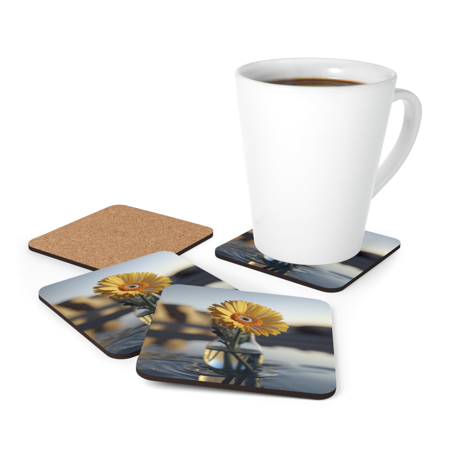 Corkwood Coaster Set yello Gerbera glass 4