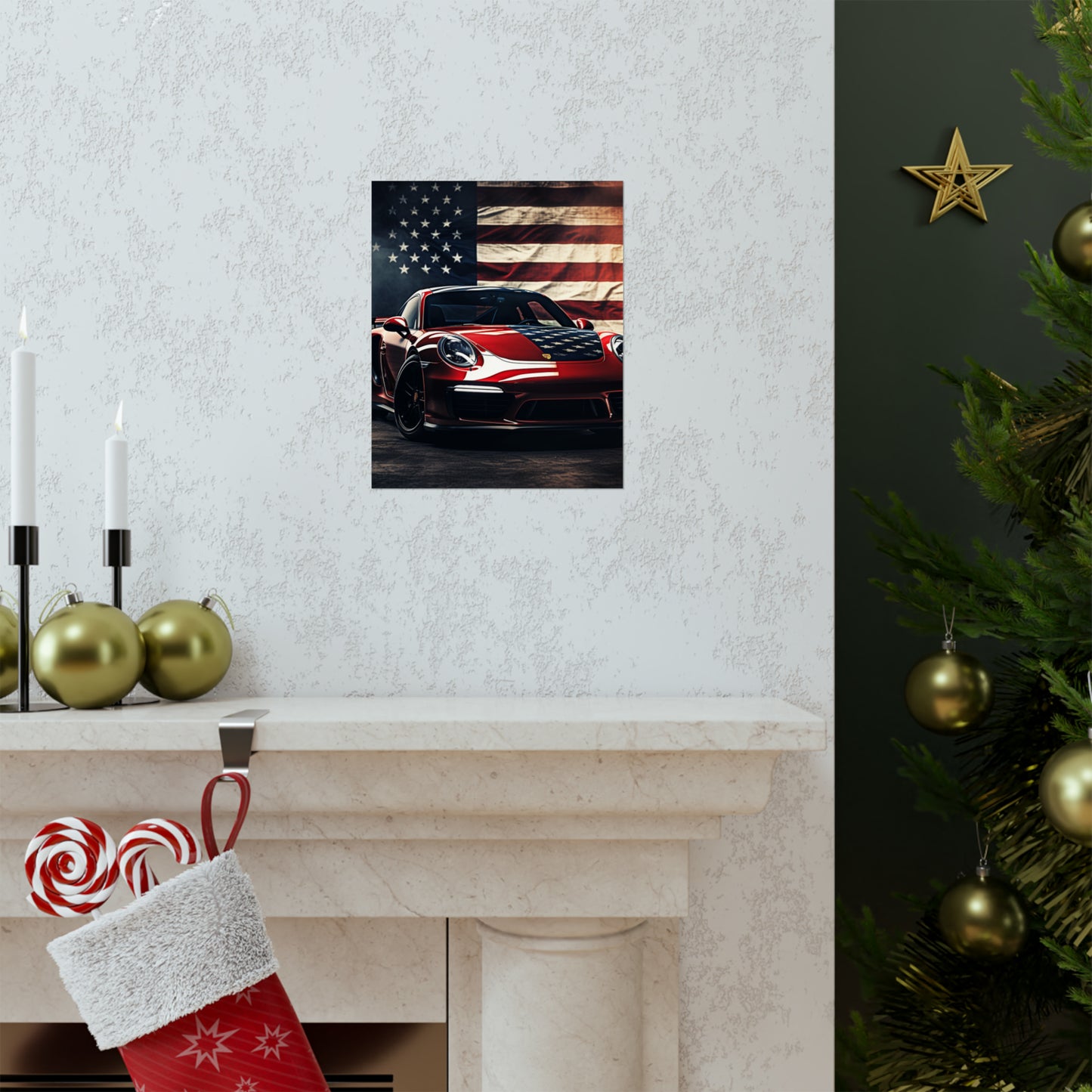 Premium Matte Vertical Posters American Flag Background Porsche 2