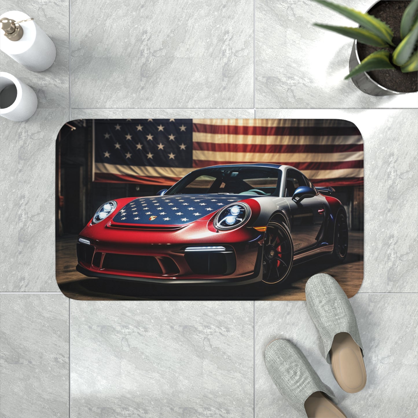 Memory Foam Bath Mat American Flag Background Porsche 1