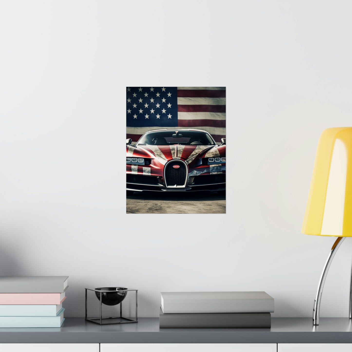 Premium Matte Vertical Posters American Flag Background Bugatti 3