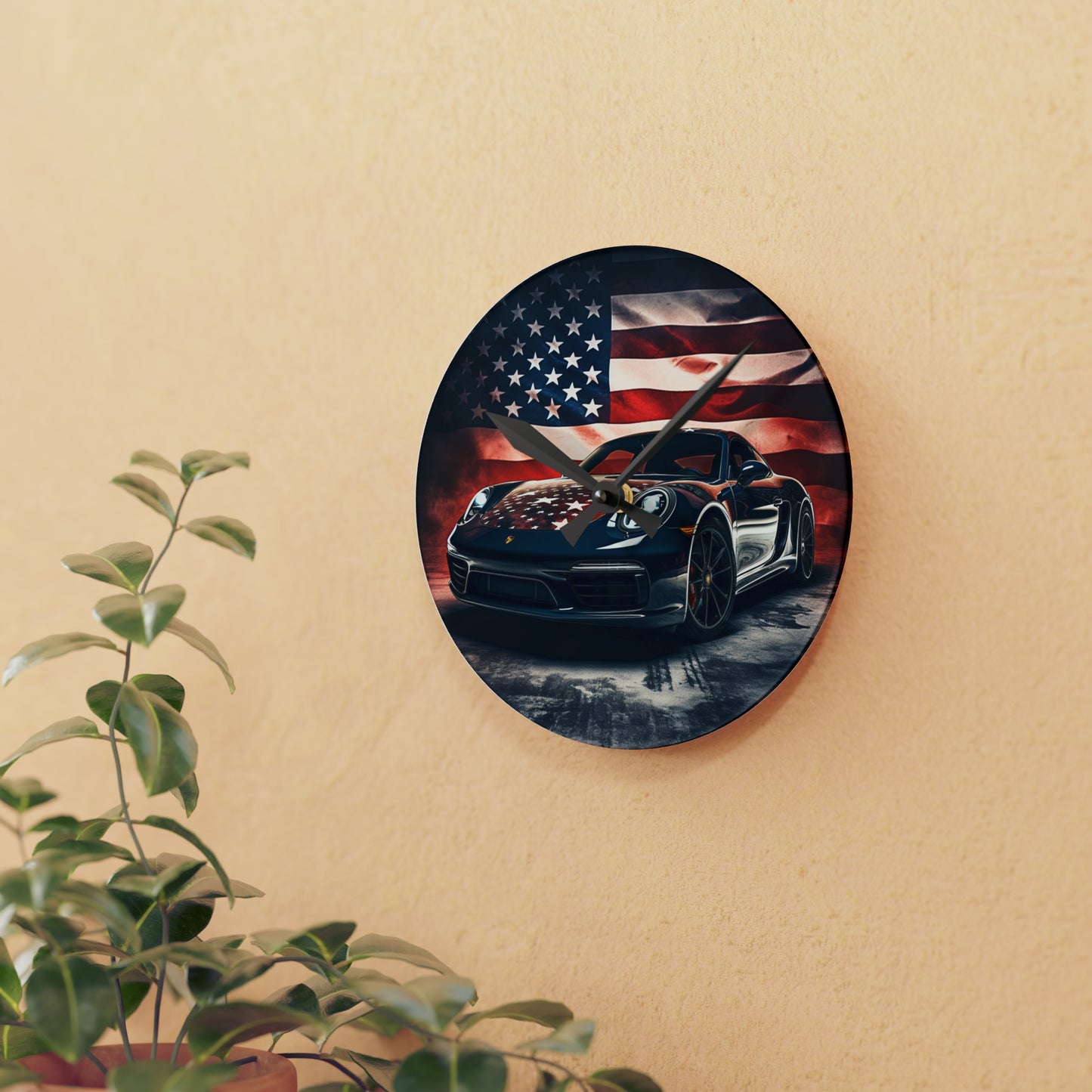 Acrylic Wall Clock Abstract American Flag Background Porsche 2