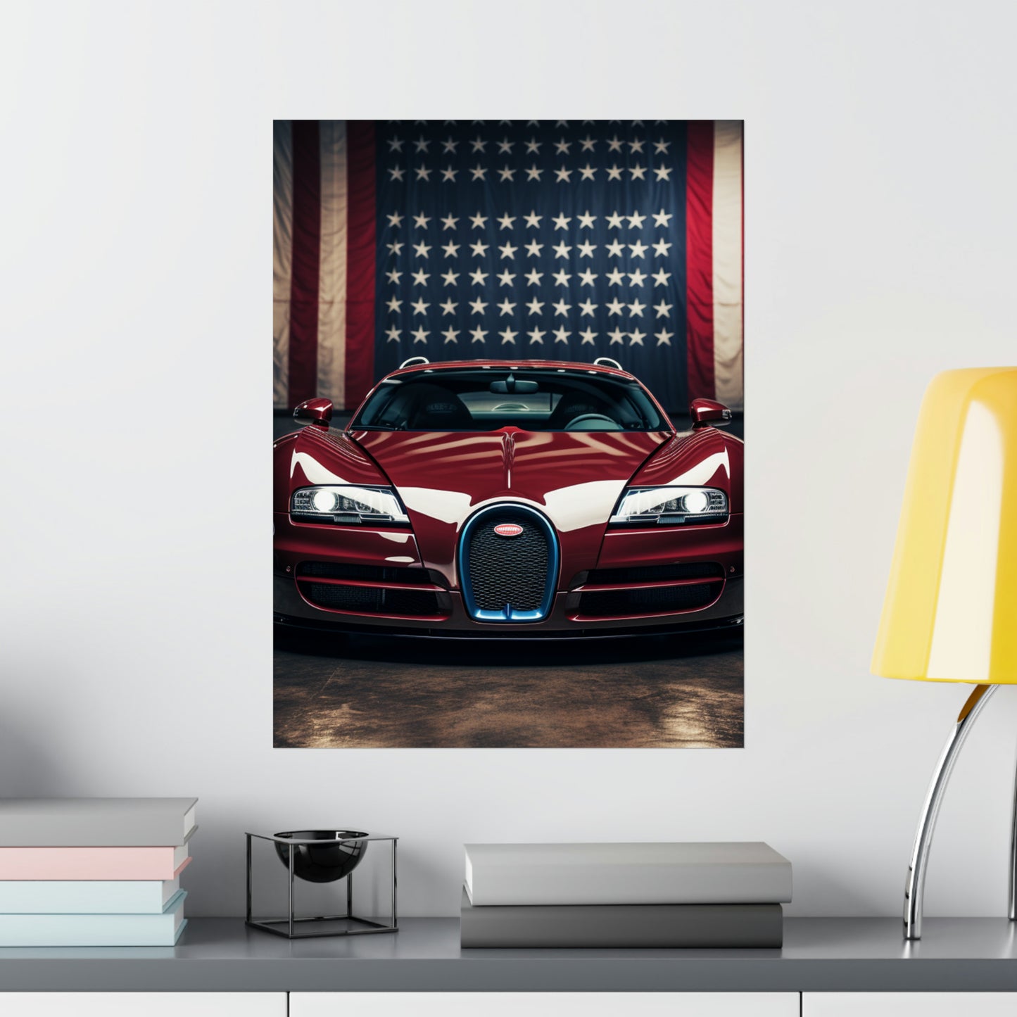 Premium Matte Vertical Posters American Flag Background Bugatti 1