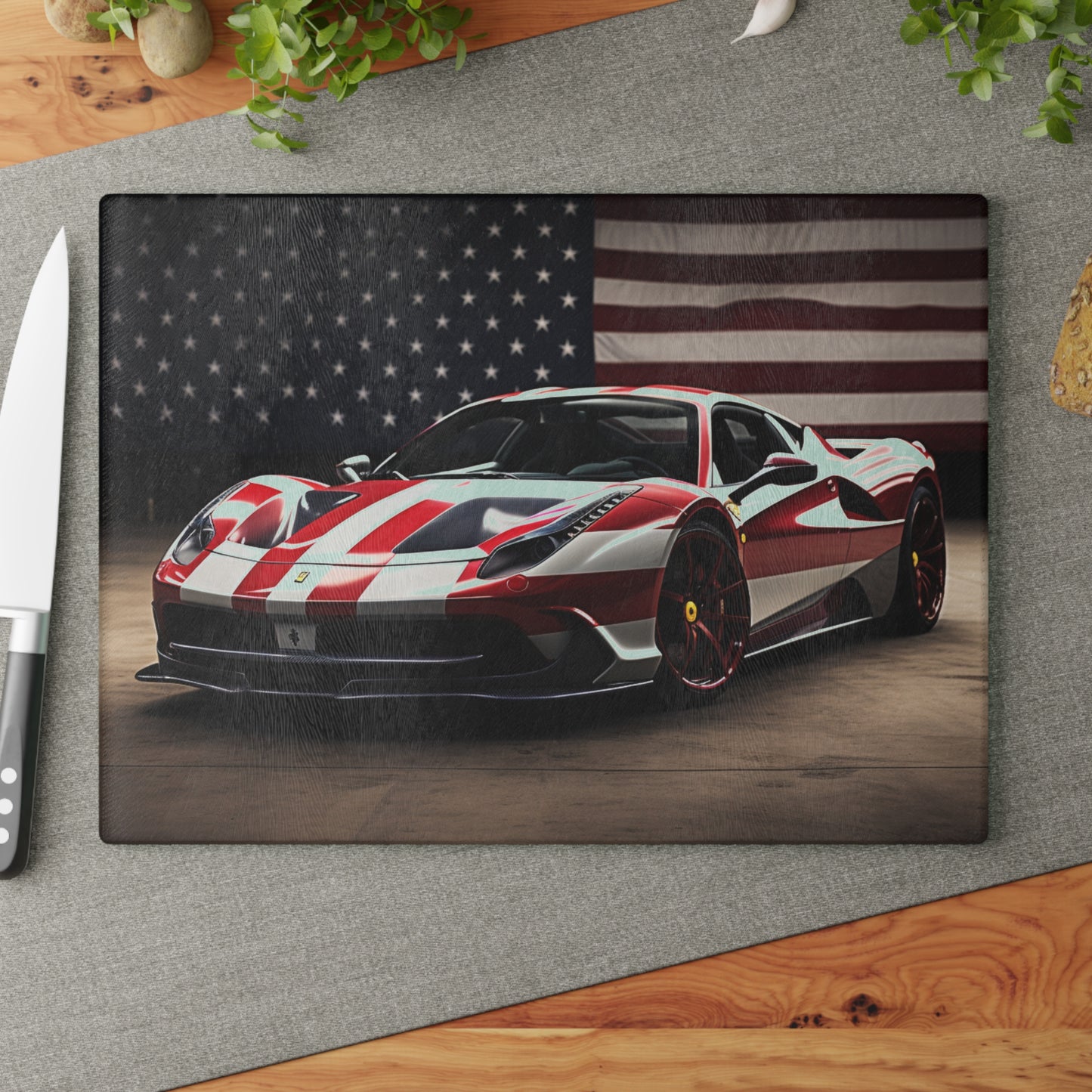 Glass Cutting Board American Flag Background Ferrari 2