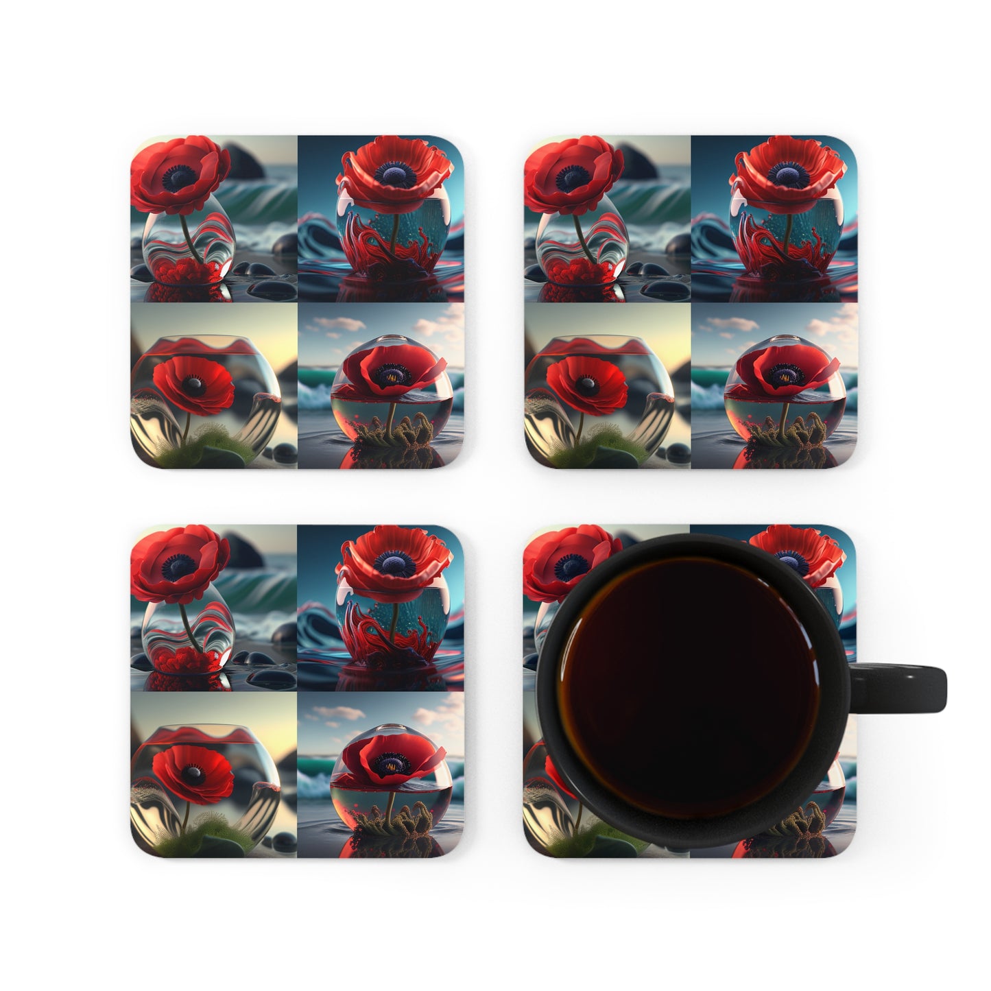 Corkwood Coaster Set Red Anemone in a Vase 5