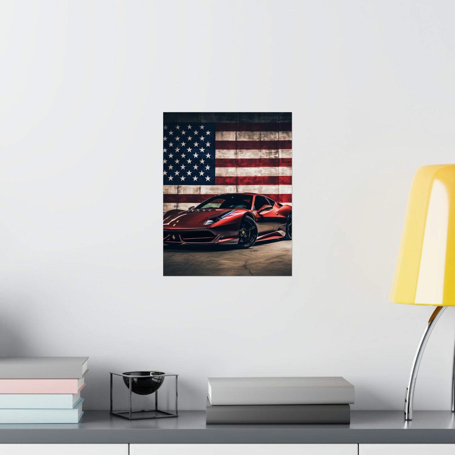 Premium Matte Vertical Posters American Flag Background Ferrari 4