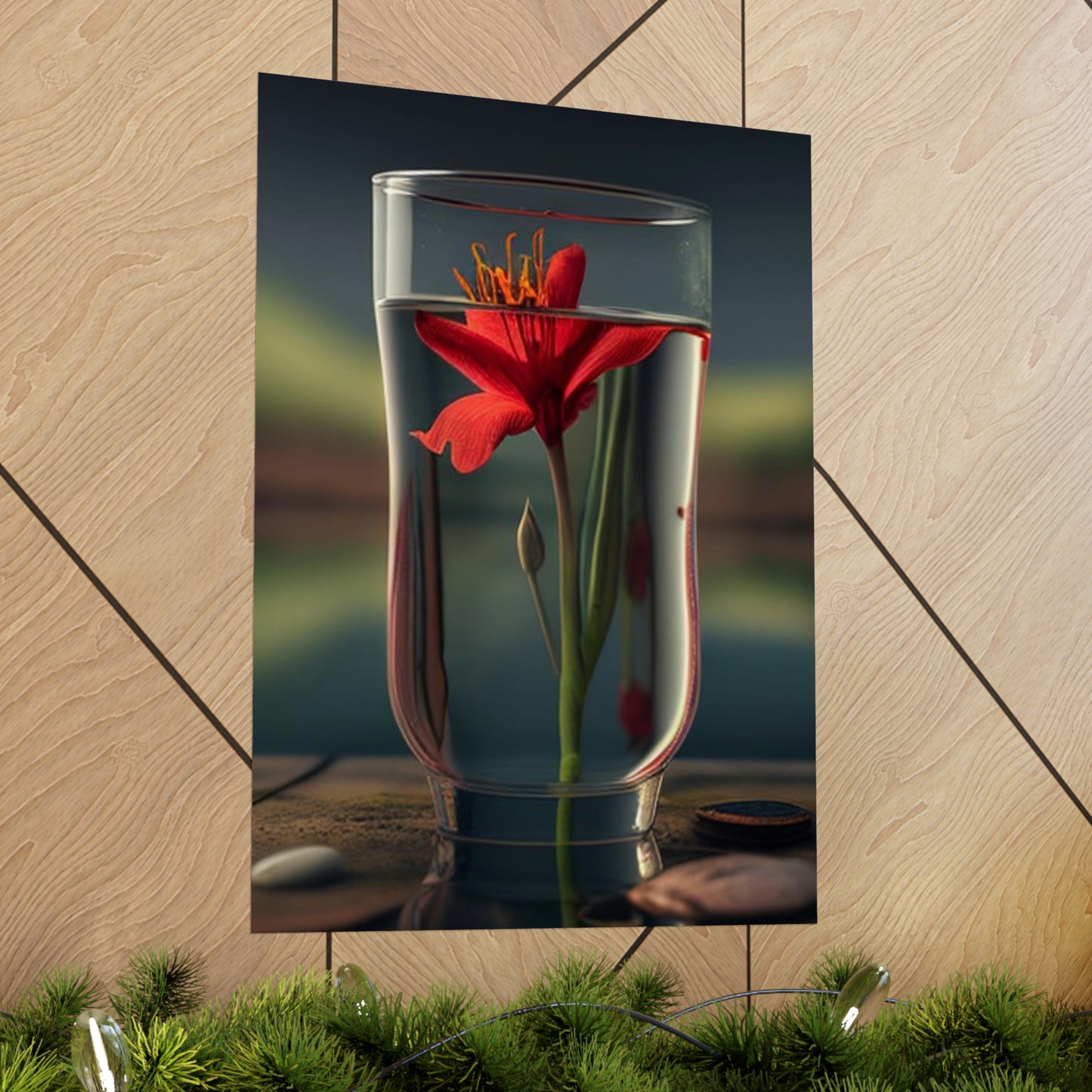 Premium Matte Vertical Posters Red Lily in a Glass vase 1