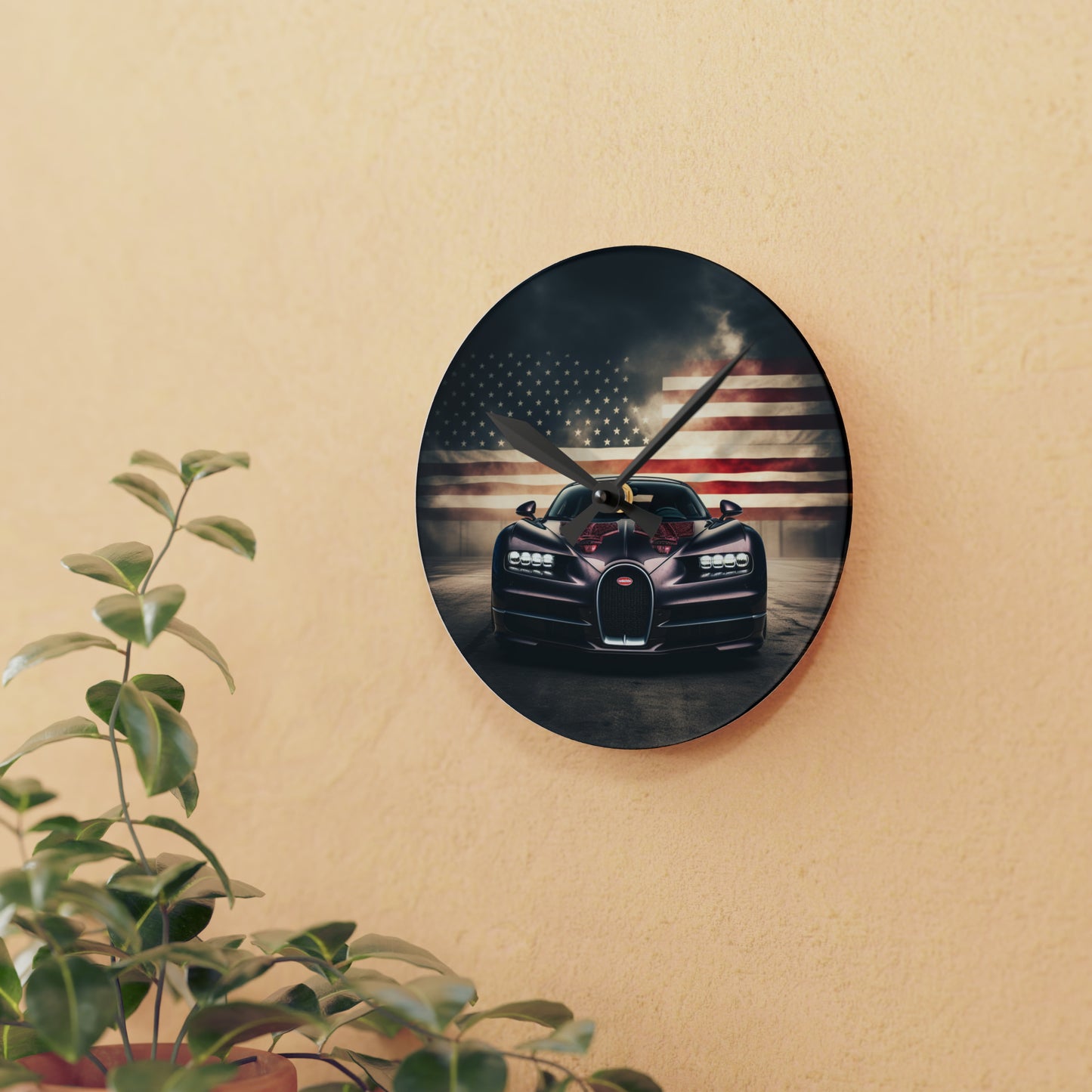 Acrylic Wall Clock American Flag Background Bugatti 2