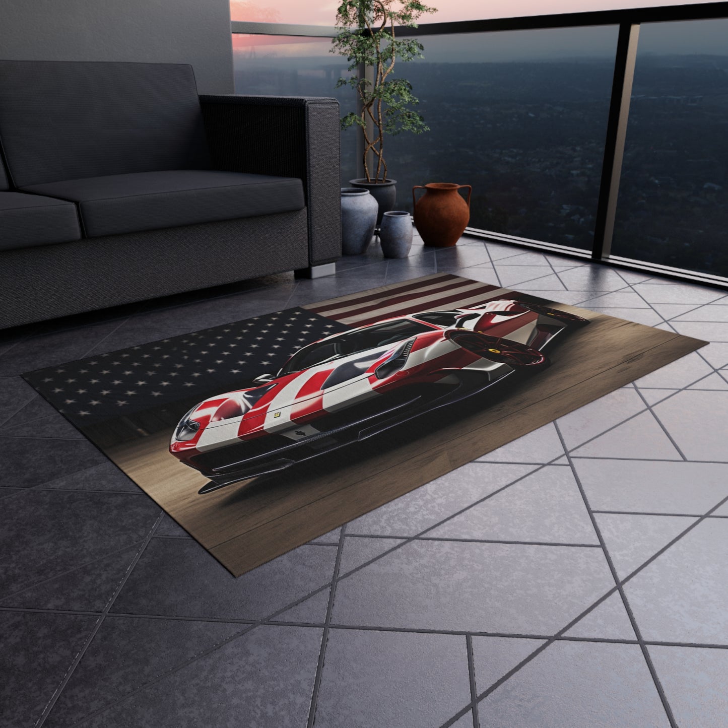 Outdoor Rug  American Flag Background Ferrari 2