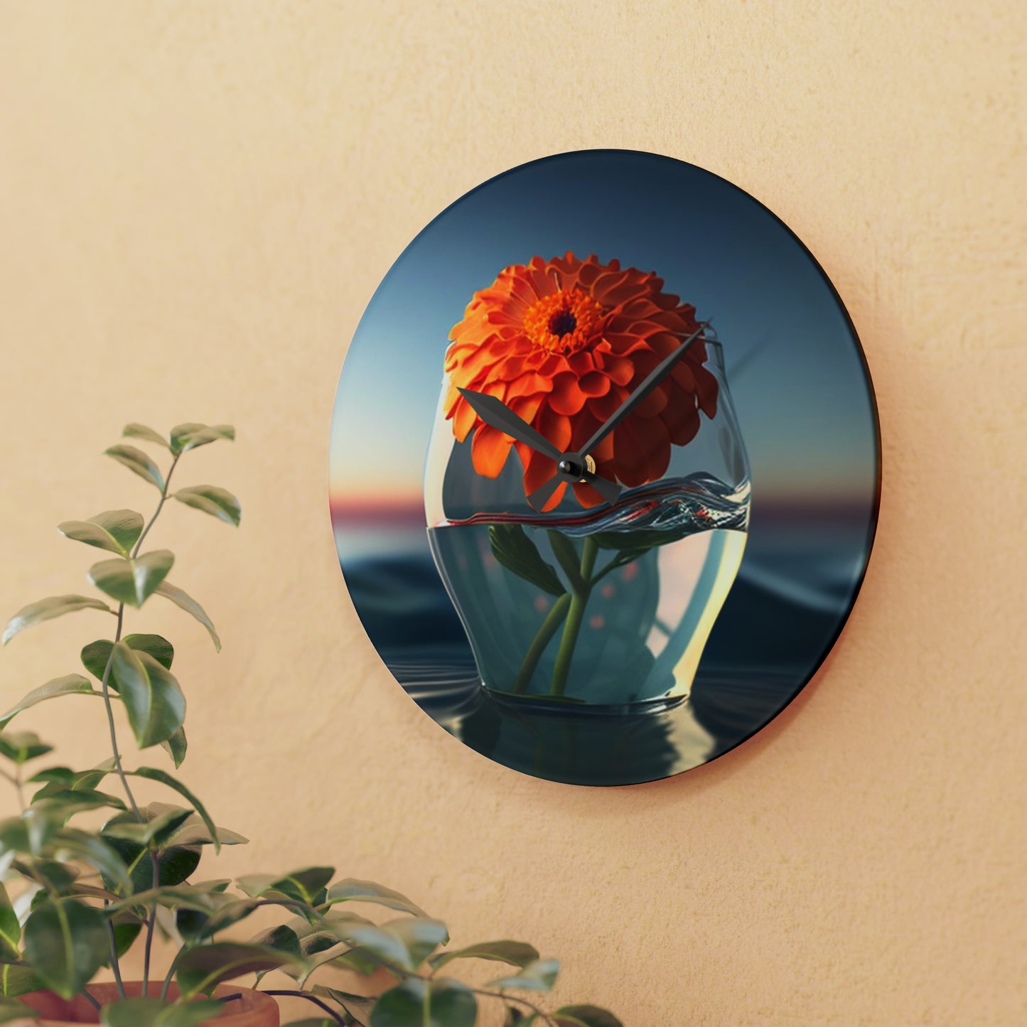 Acrylic Wall Clock Orange Zinnia 4