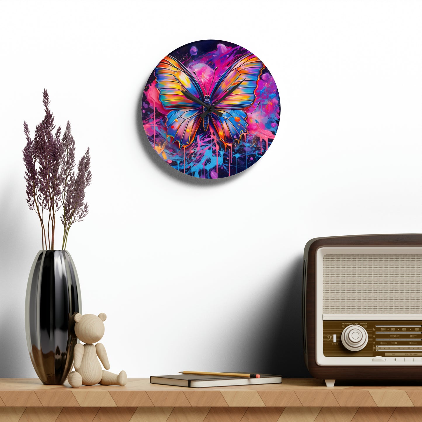 Acrylic Wall Clock Pink Butterfly Flair 3
