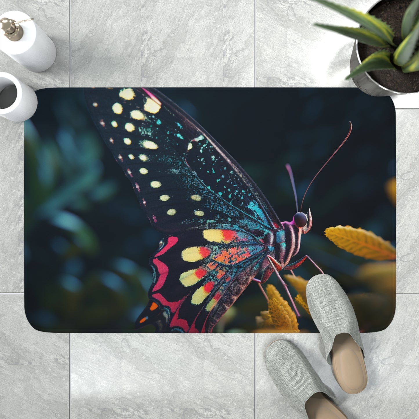 Memory Foam Bath Mat Hyper Colorful Butterfly Macro 2