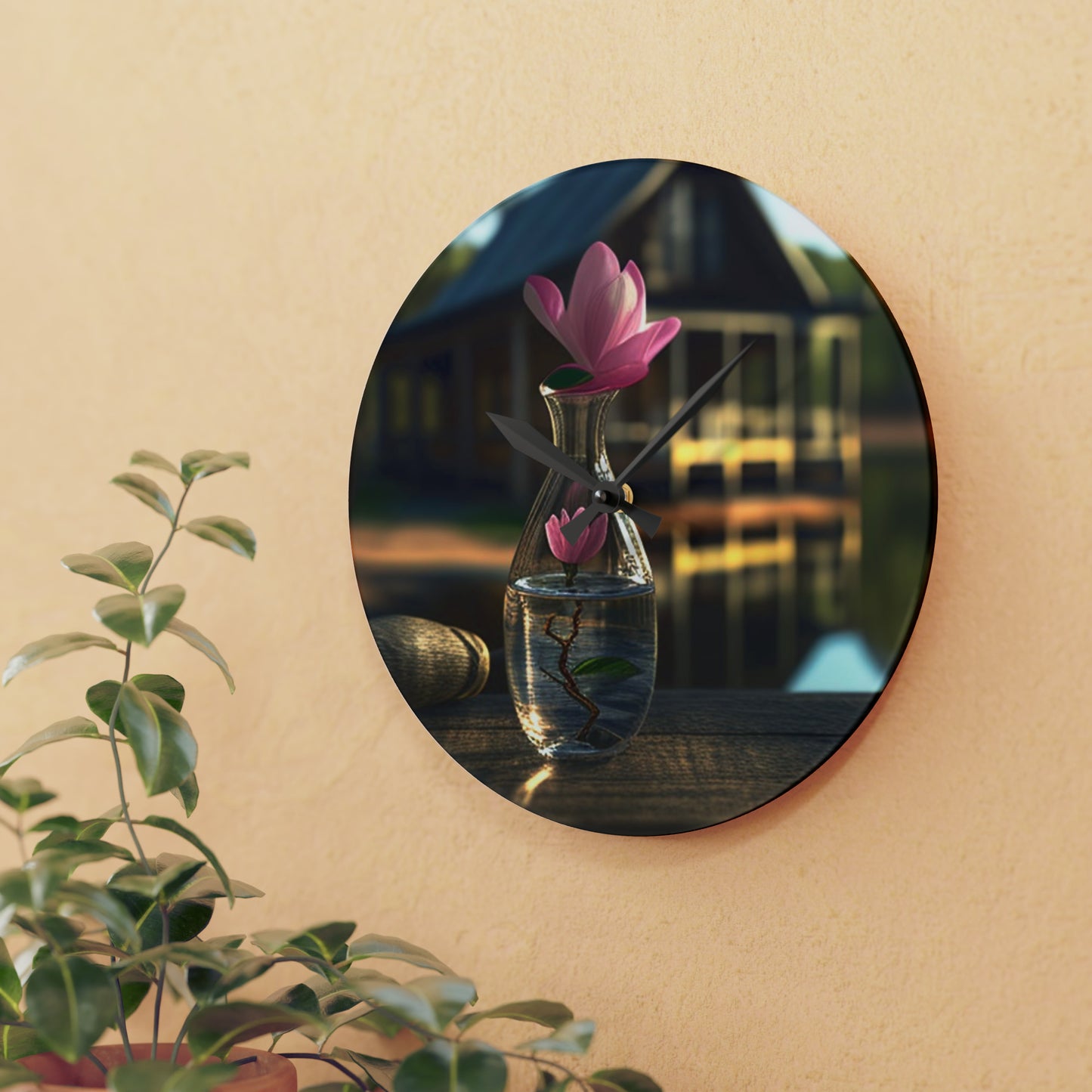 Acrylic Wall Clock Magnolia in a Glass vase 4