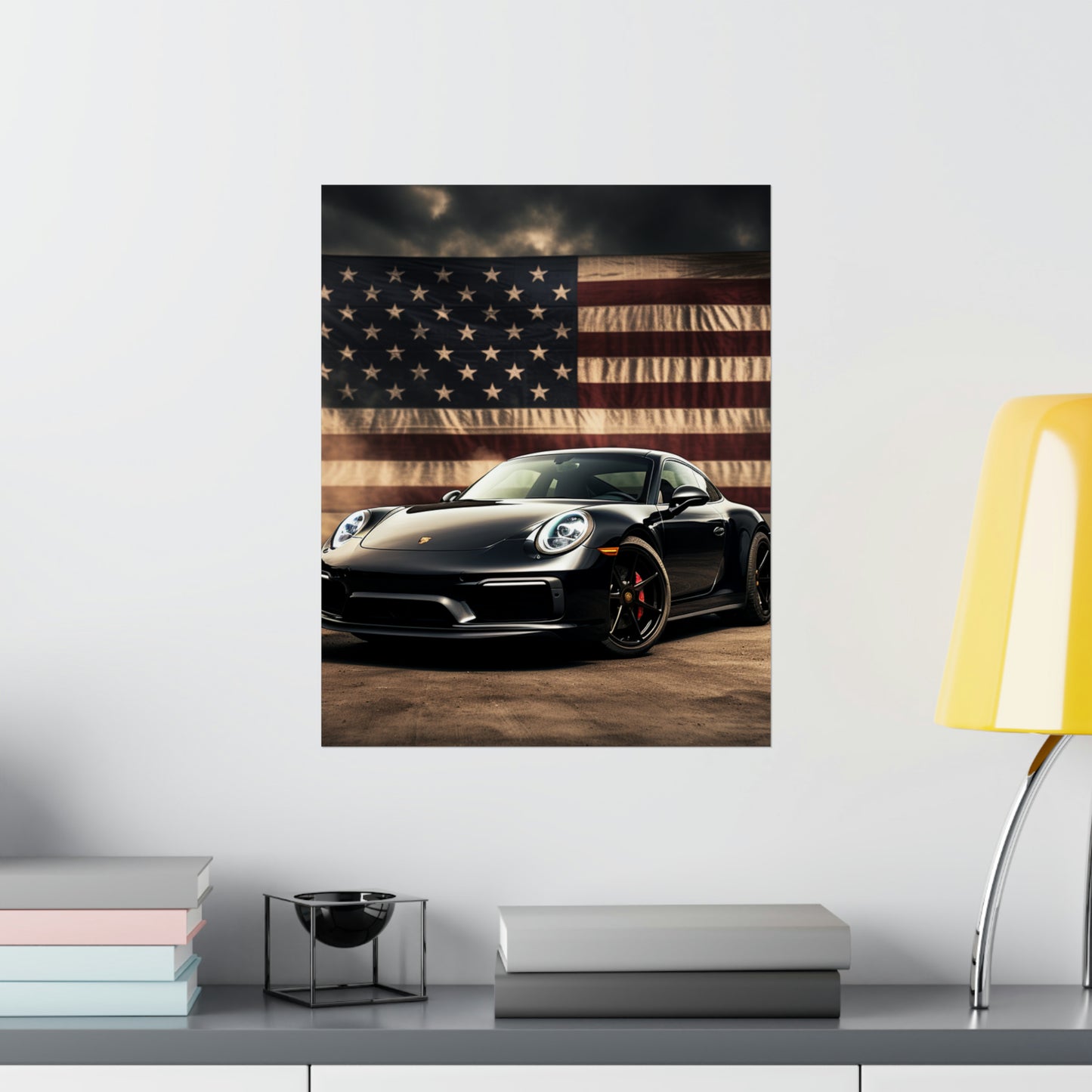 Premium Matte Vertical Posters American Flag Background Porsche 4