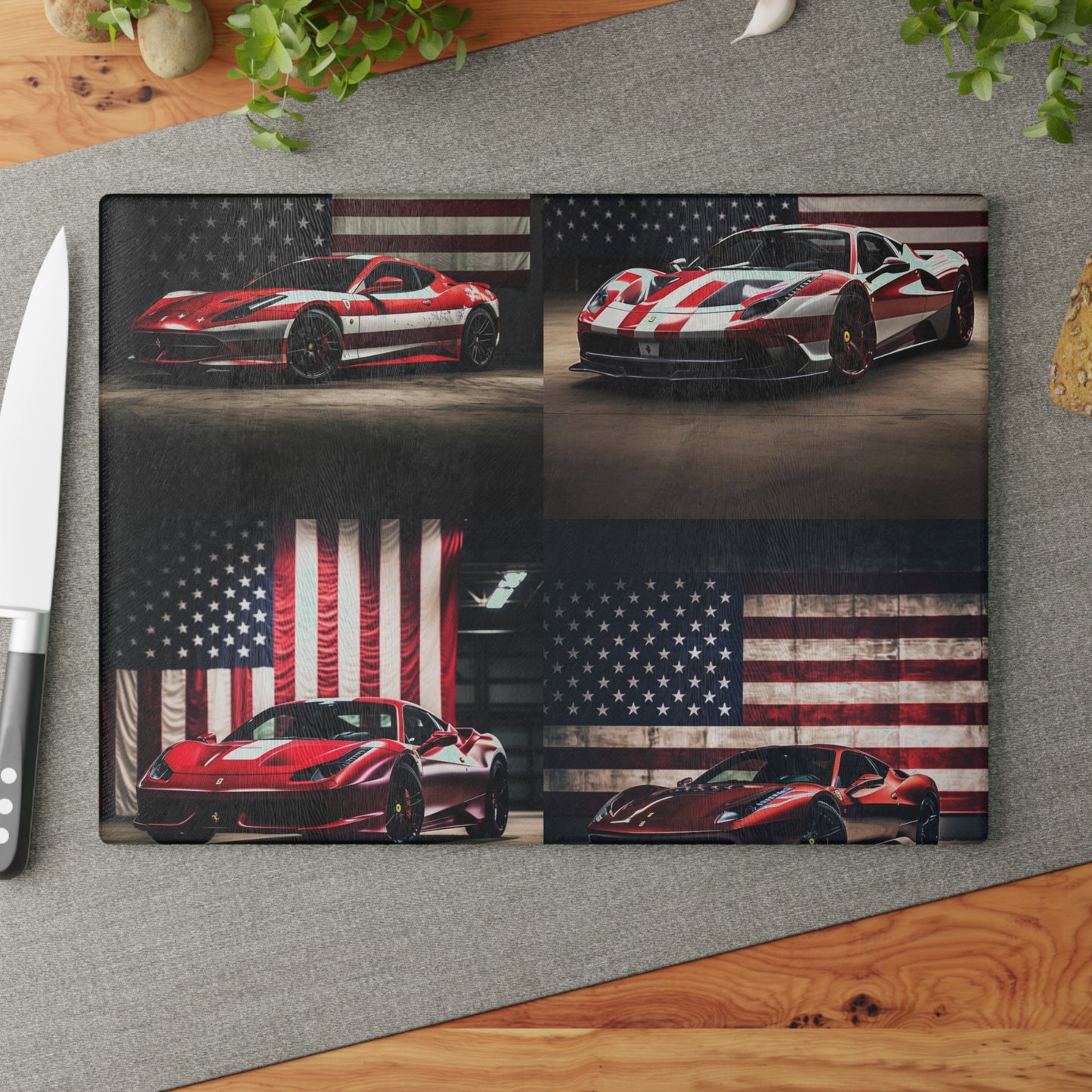 Glass Cutting Board American Flag Background Ferrari 5