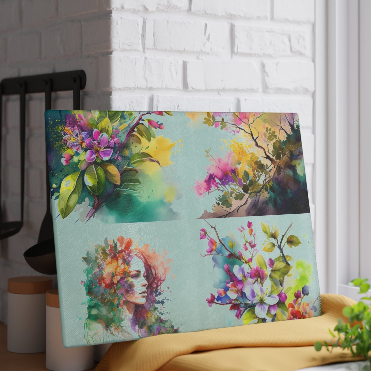Glass Cutting Board Mother Nature Bright Spring Colors Realistic Watercolor 5