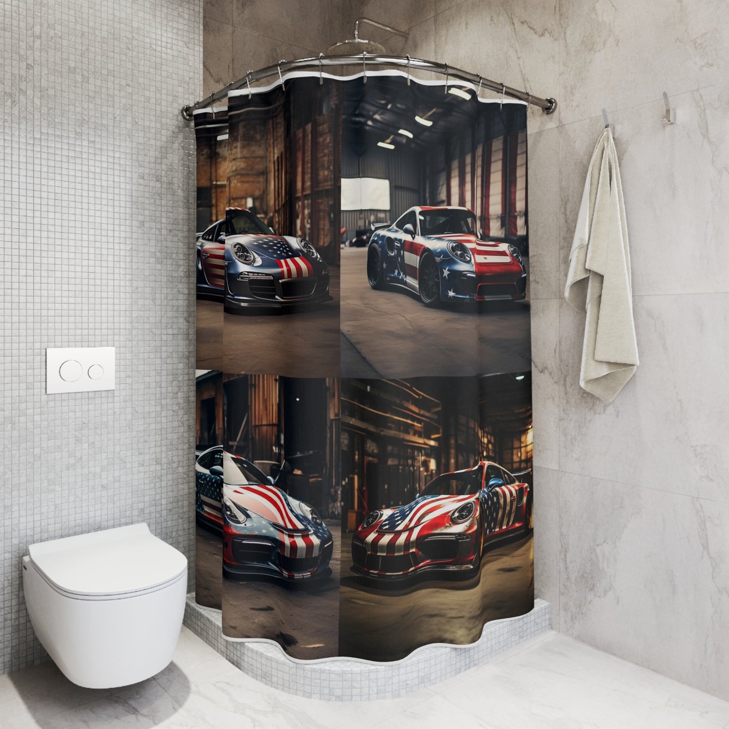 Polyester Shower Curtain American Flag Porsche 5