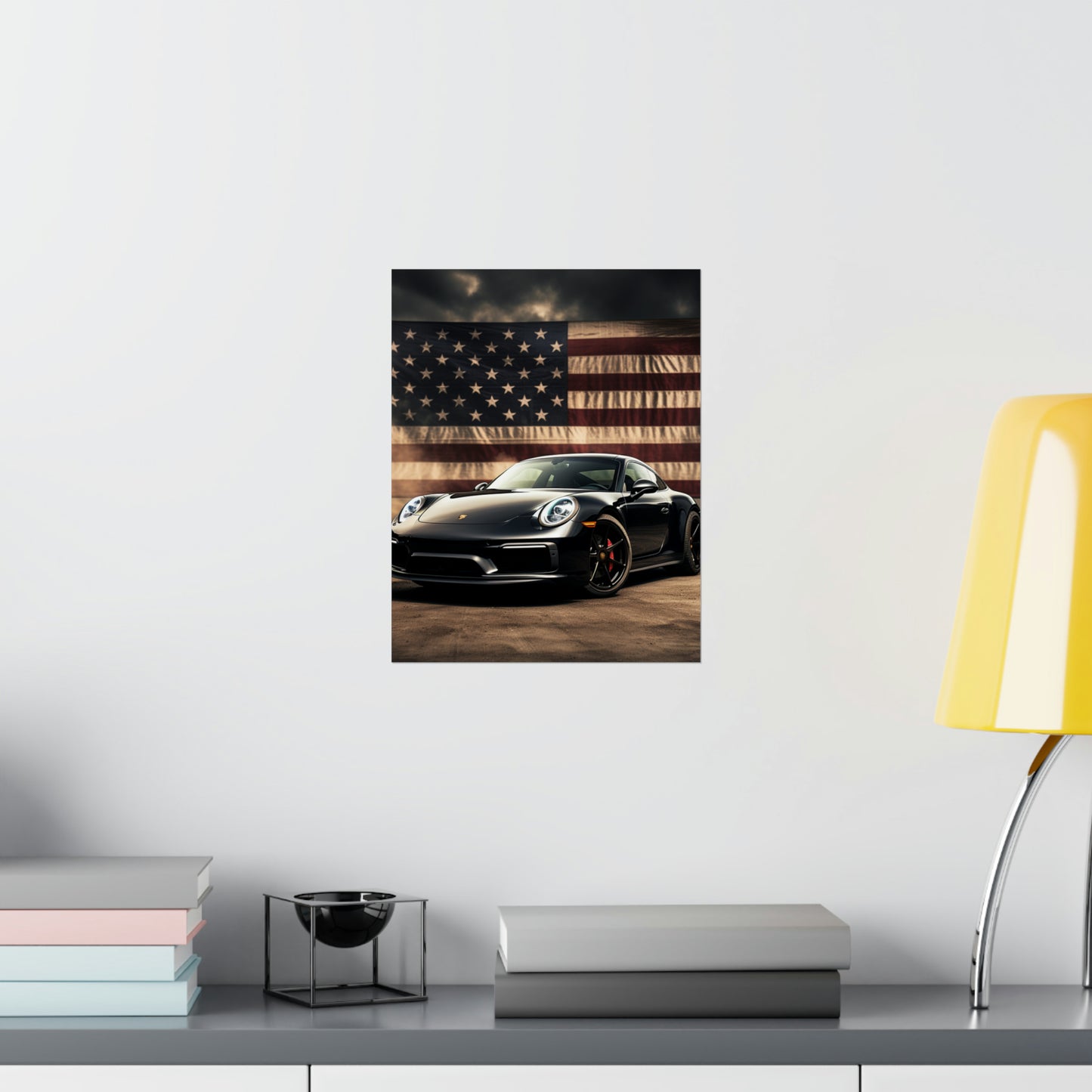 Premium Matte Vertical Posters American Flag Background Porsche 4