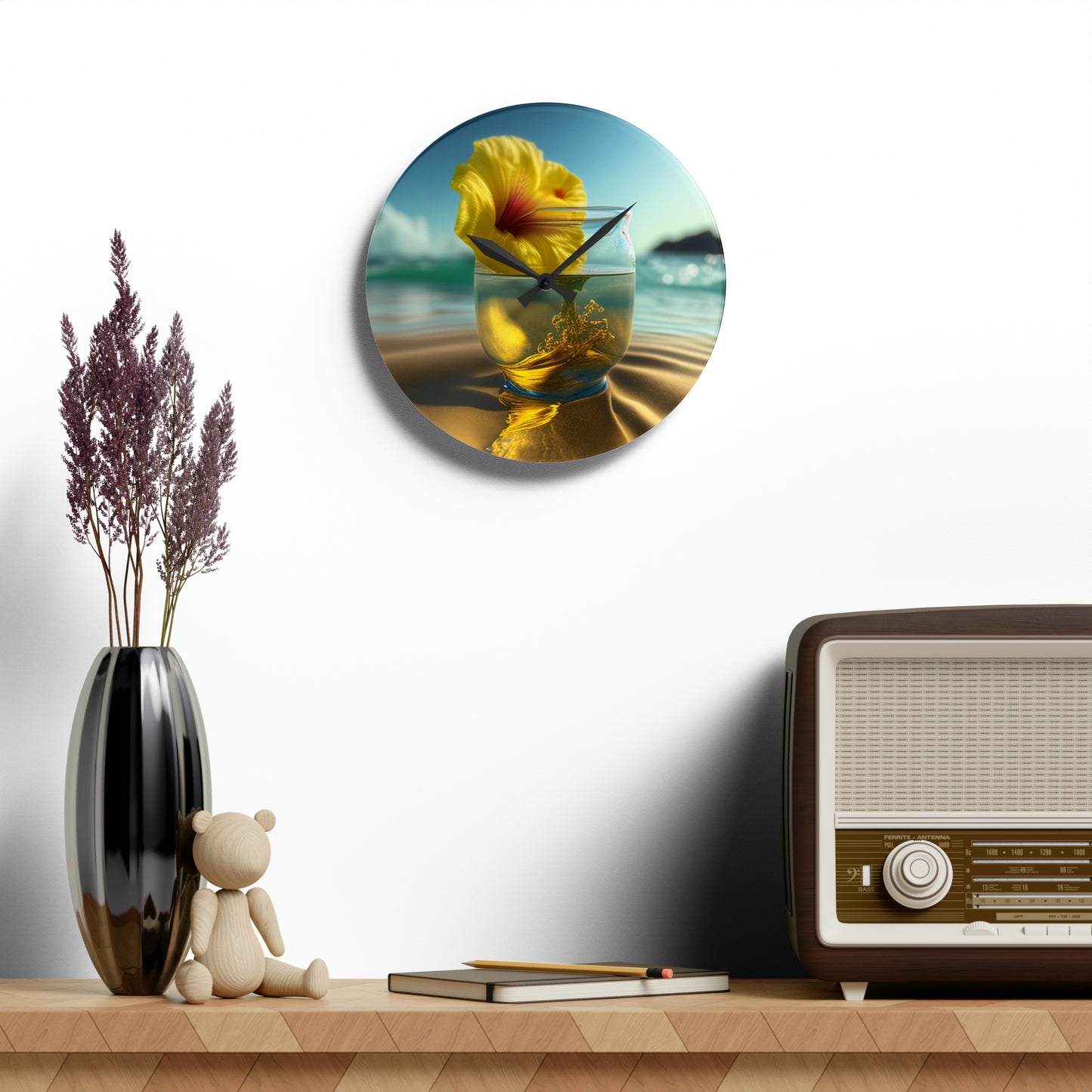 Acrylic Wall Clock Yellow Hibiscus glass 1