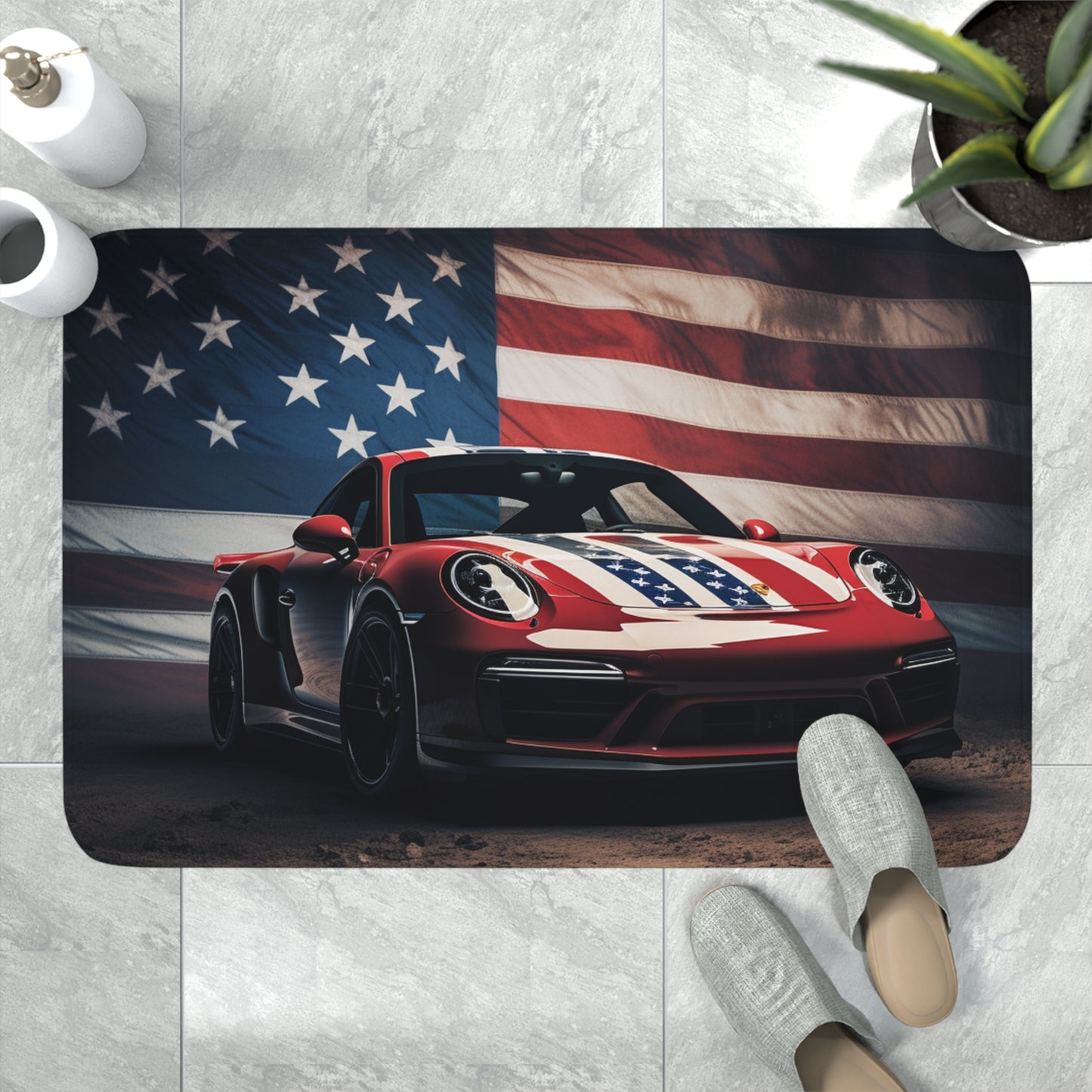 Memory Foam Bath Mat American Flag Background Porsche 3