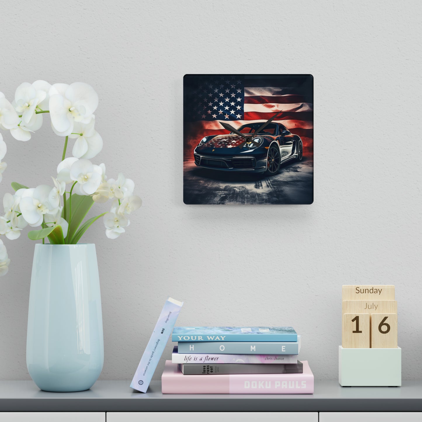 Acrylic Wall Clock Abstract American Flag Background Porsche 2