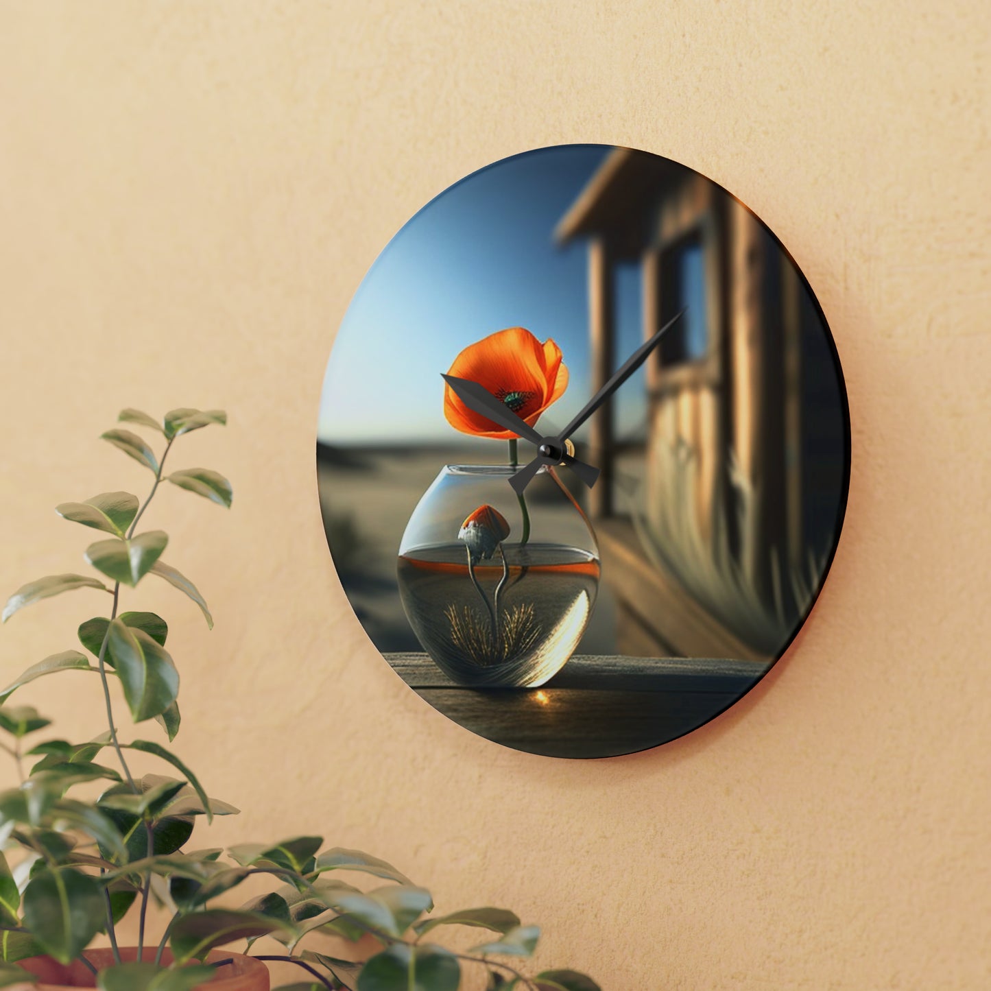 Acrylic Wall Clock Orange Poppy in a Vase 1