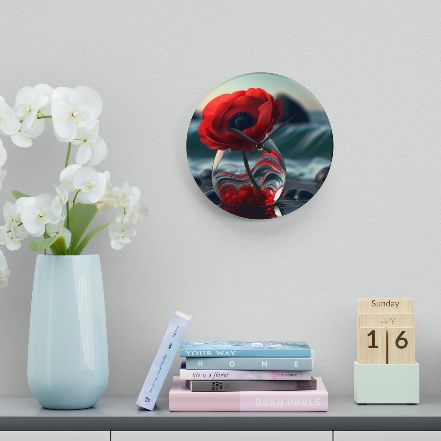 Acrylic Wall Clock Red Anemone in a Vase 1