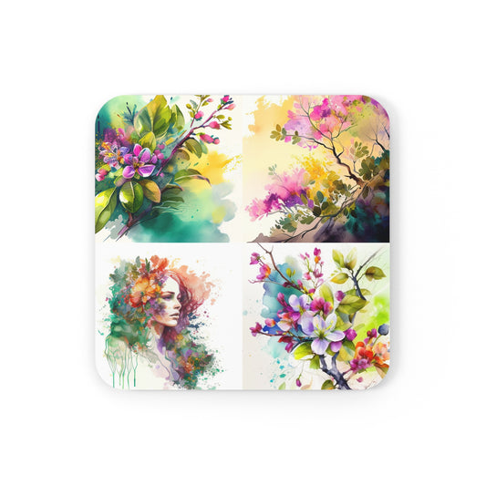 Corkwood Coaster Set Mother Nature Bright Spring Colors Realistic Watercolor 5