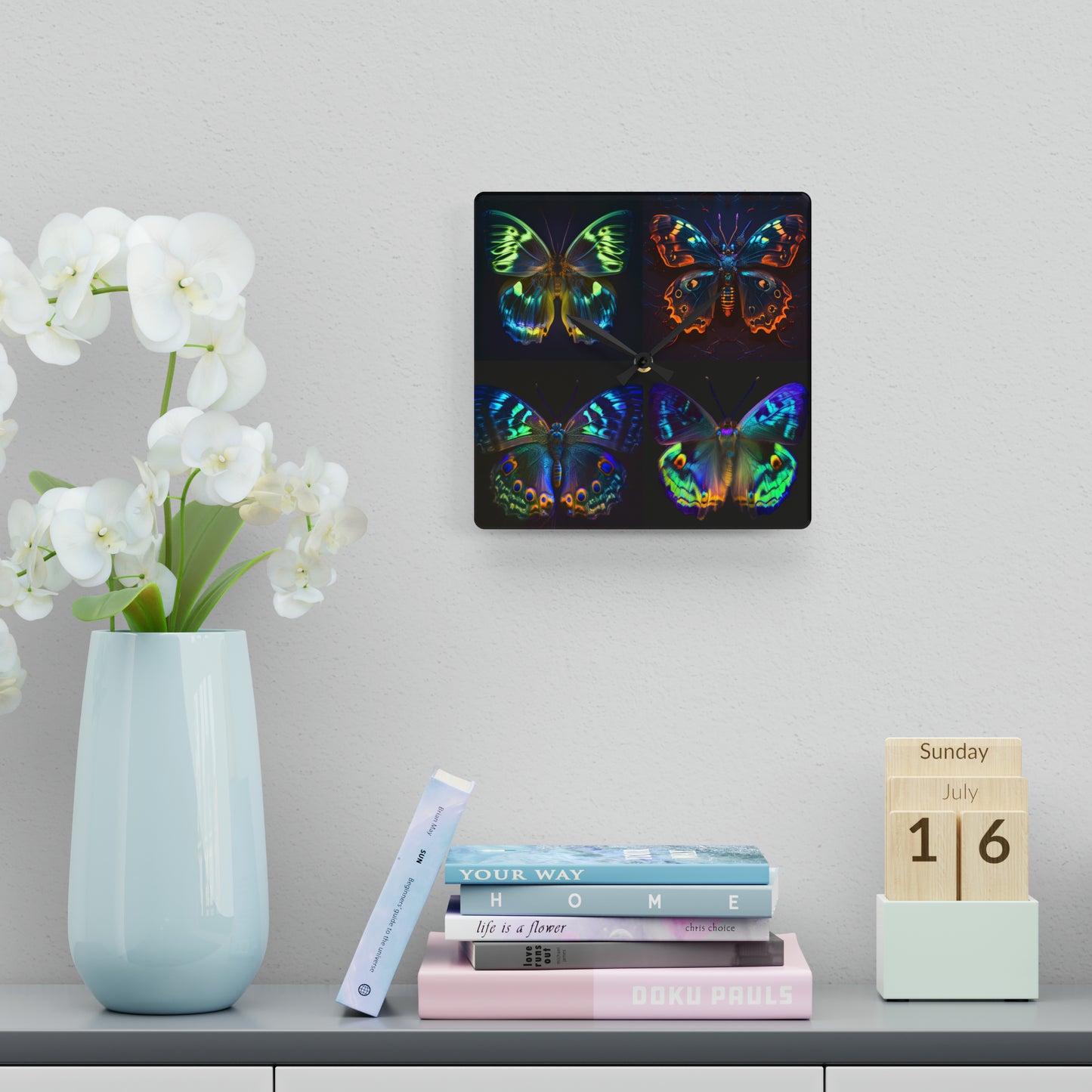 Acrylic Wall Clock Neon Hue Butterfly 5