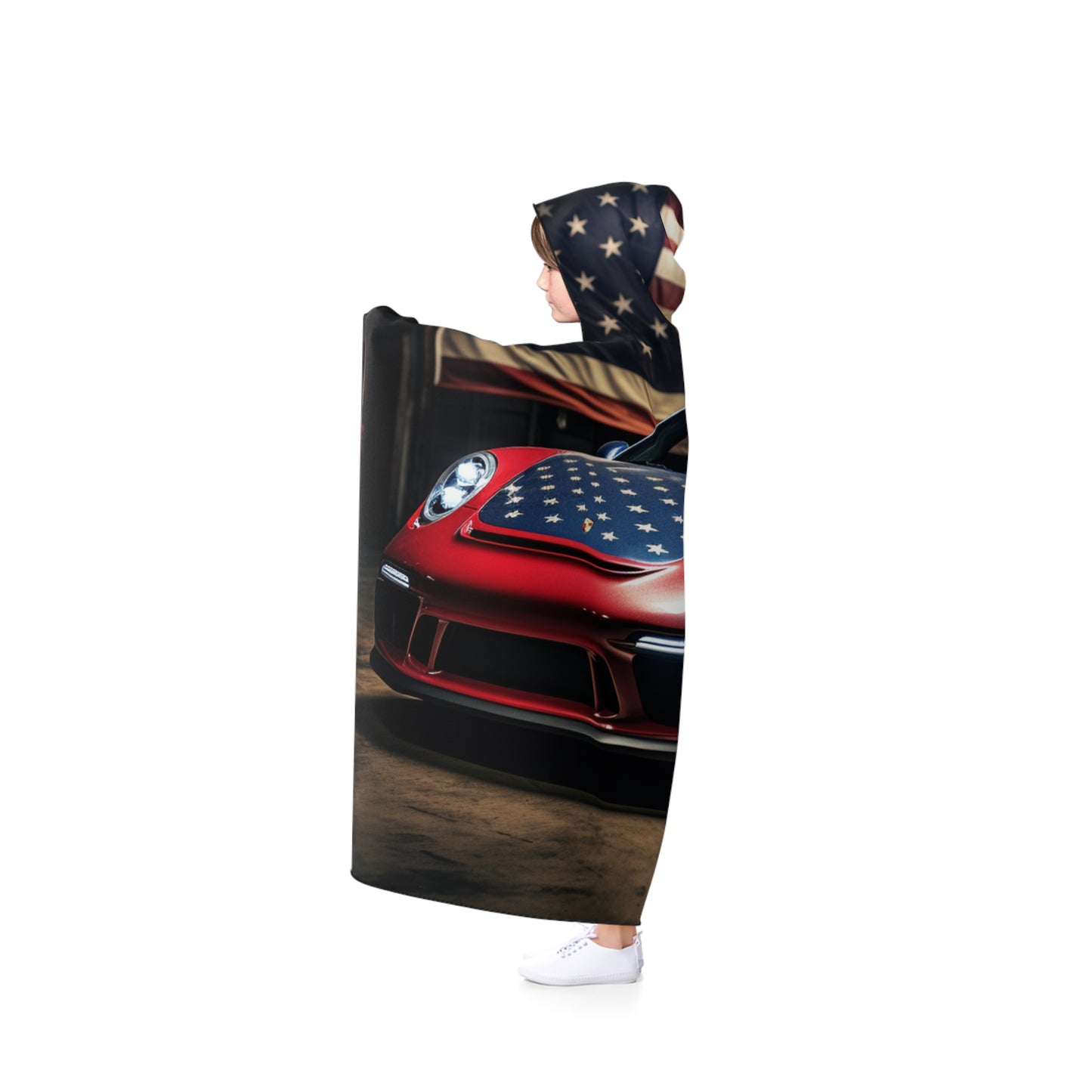 Hooded Blanket American Flag Background Porsche 1