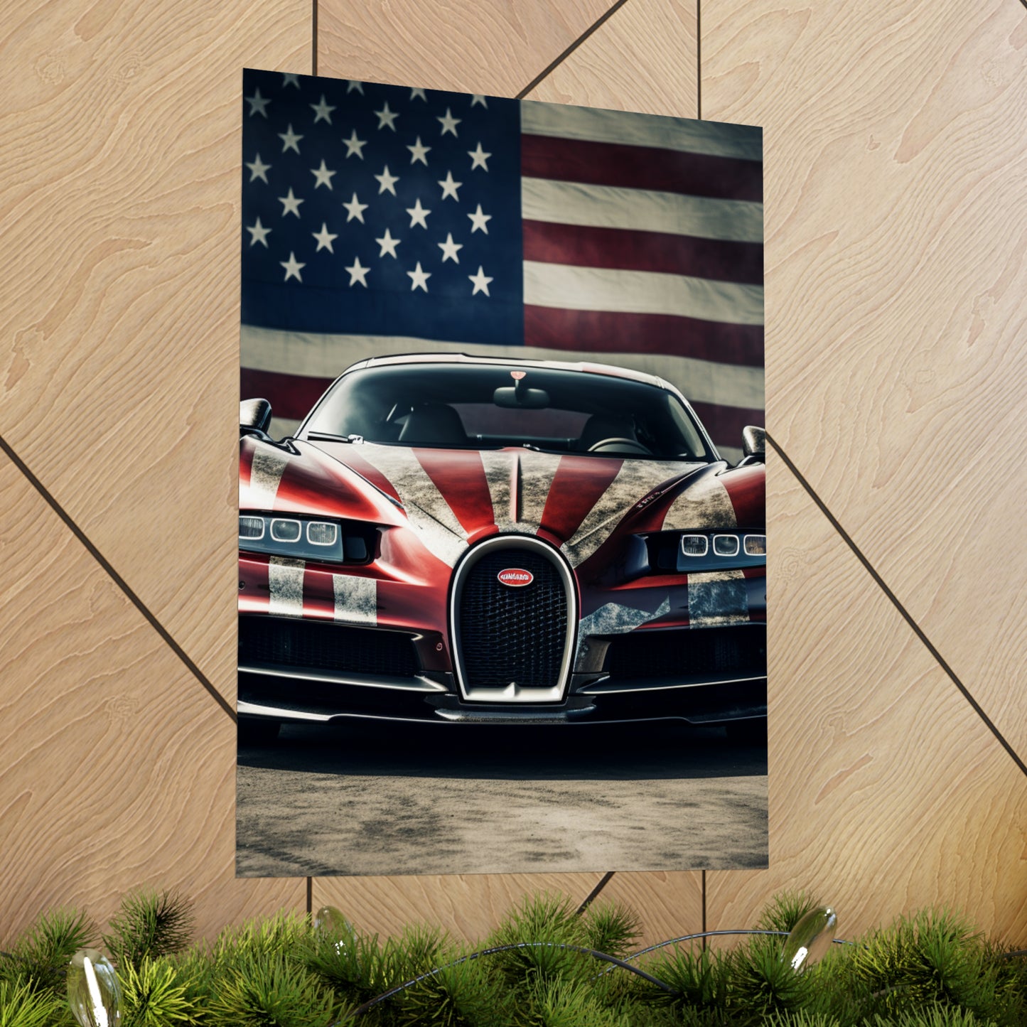 Premium Matte Vertical Posters American Flag Background Bugatti 3