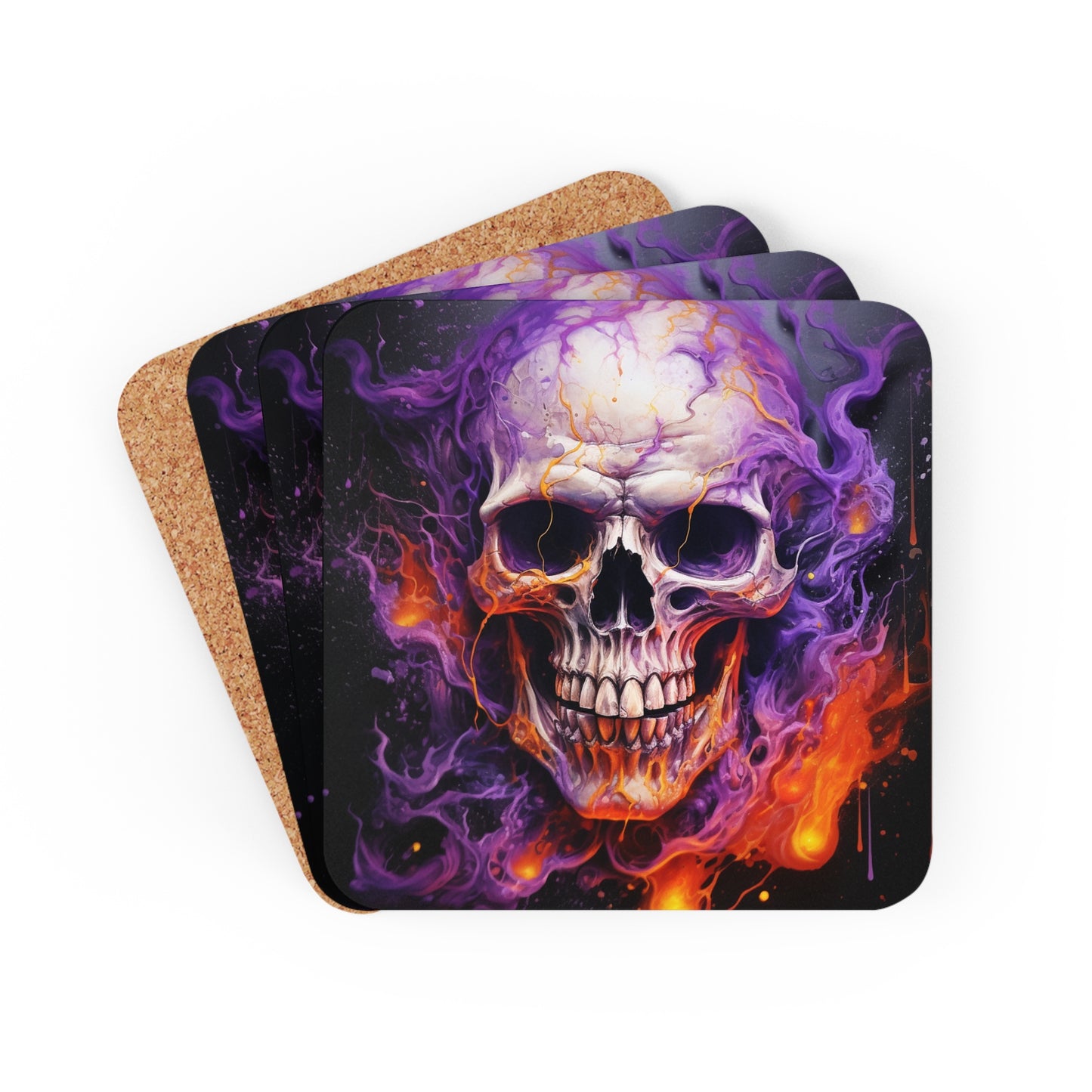 Corkwood Coaster Set Skull Flames 2
