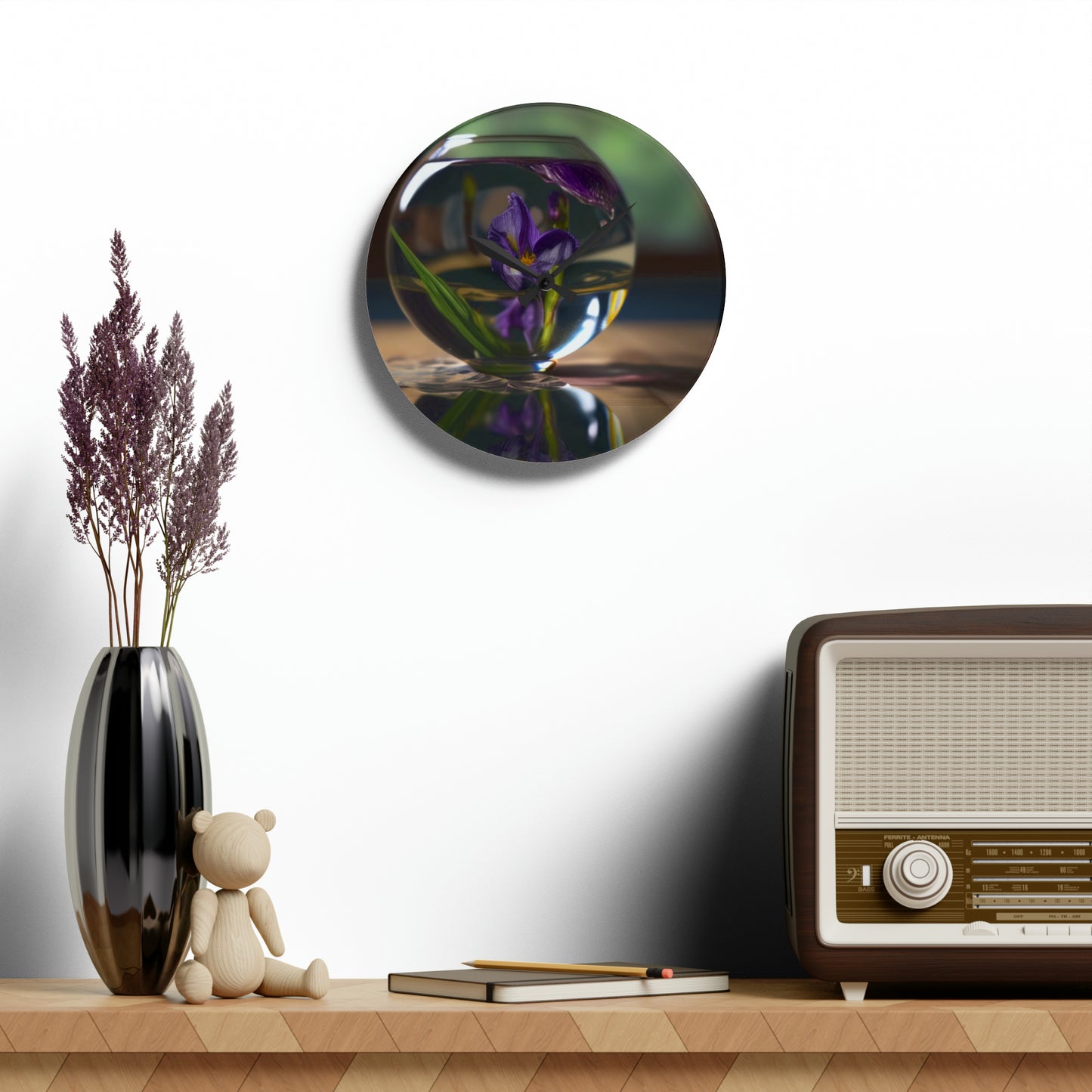 Acrylic Wall Clock Purple Iris in a vase 1