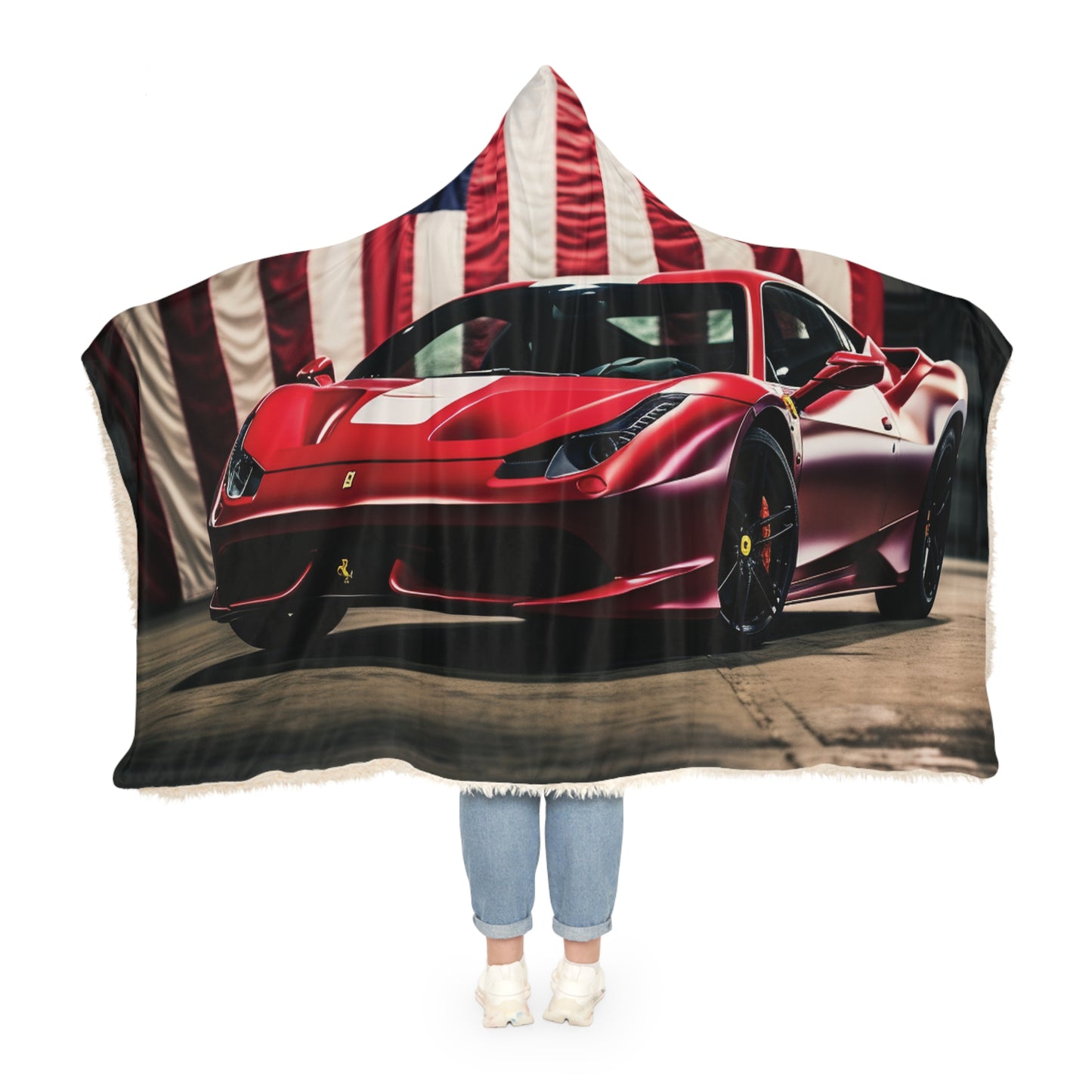 Snuggle Hooded Blanket American Flag Background Ferrari 3