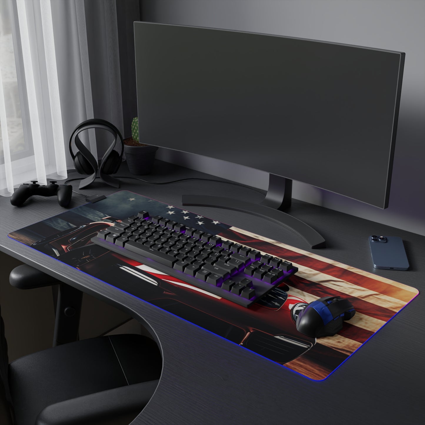 LED Gaming Mouse Pad American Flag Background Porsche 2