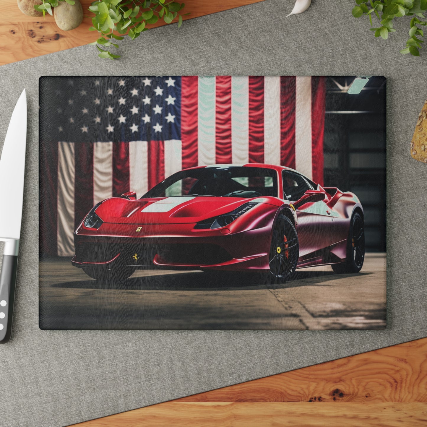 Glass Cutting Board American Flag Background Ferrari 3