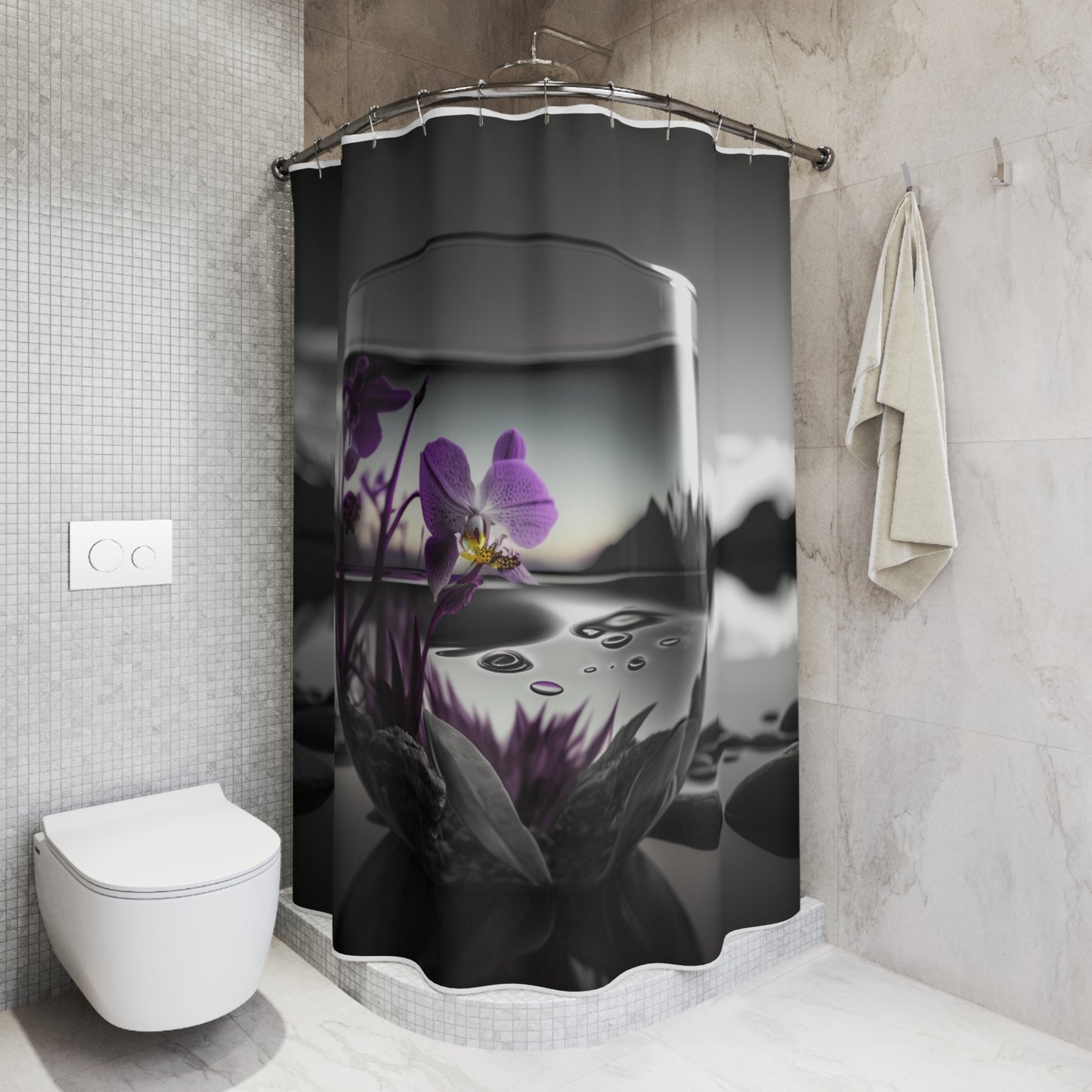 Polyester Shower Curtain Purple Orchid Glass vase 2