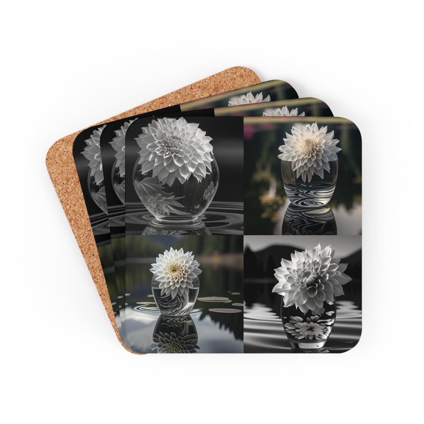 Corkwood Coaster Set White Dahlia 5