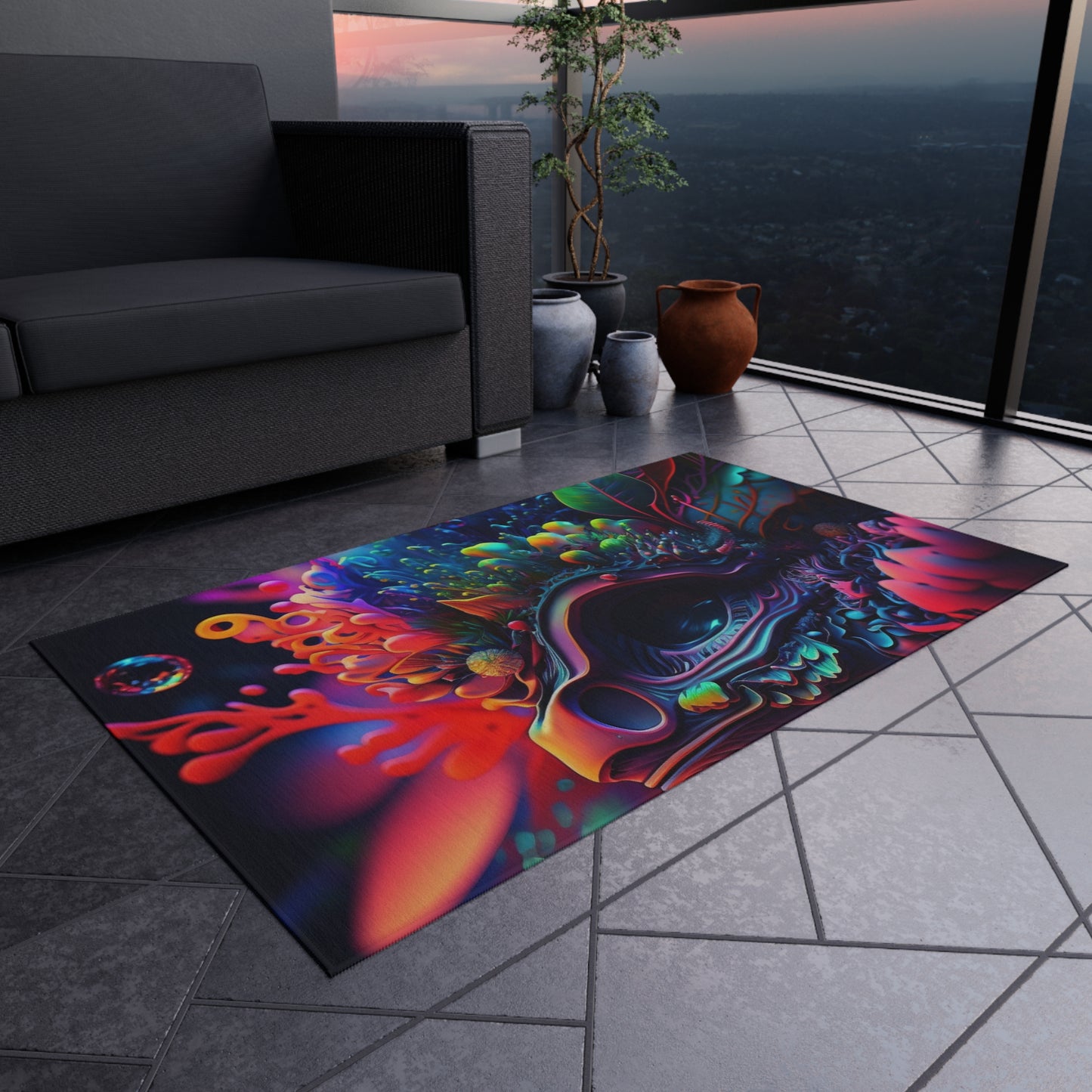 Outdoor Rug  Florescent Skull Death 2