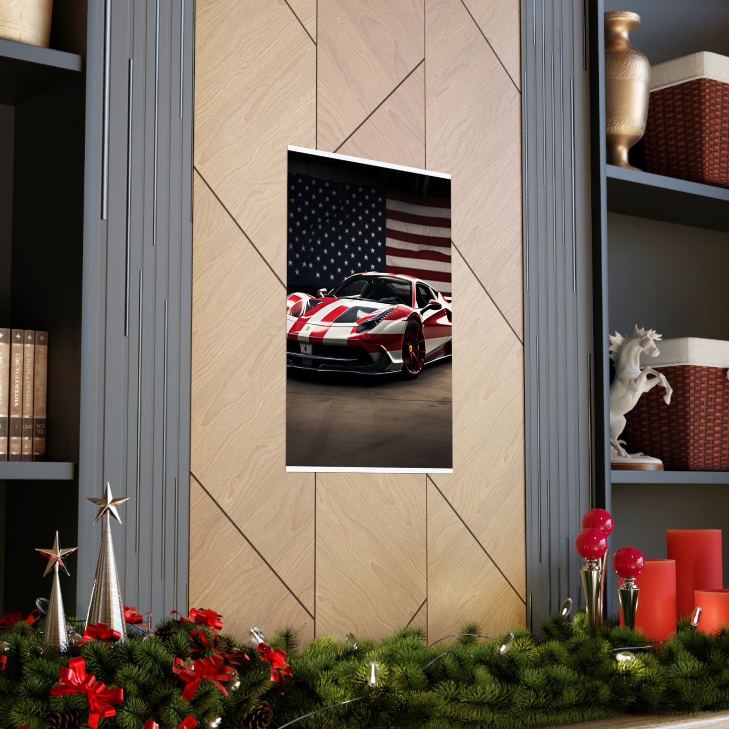 Premium Matte Vertical Posters American Flag Background Ferrari 2