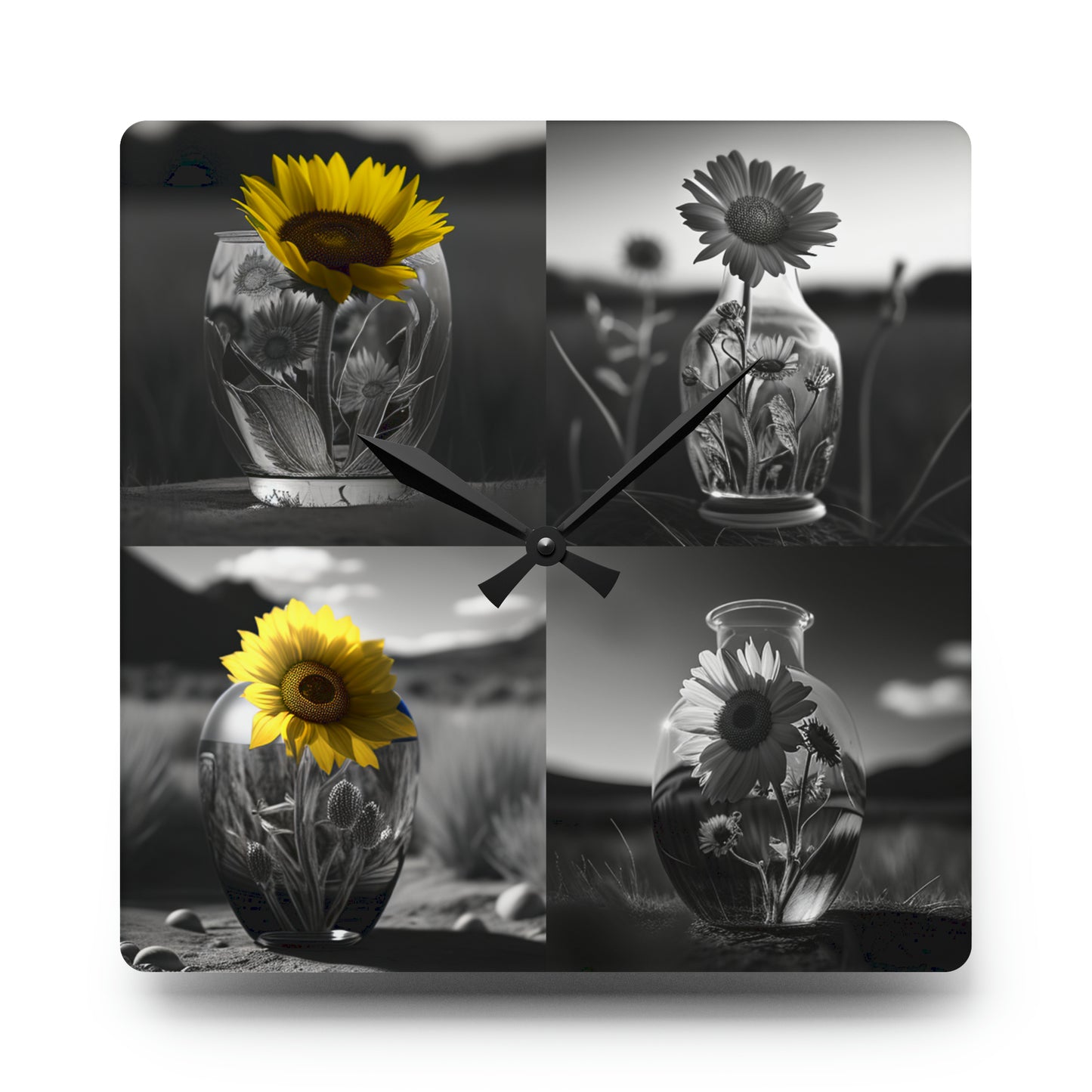 Acrylic Wall Clock Yellw Sunflower in a vase 5