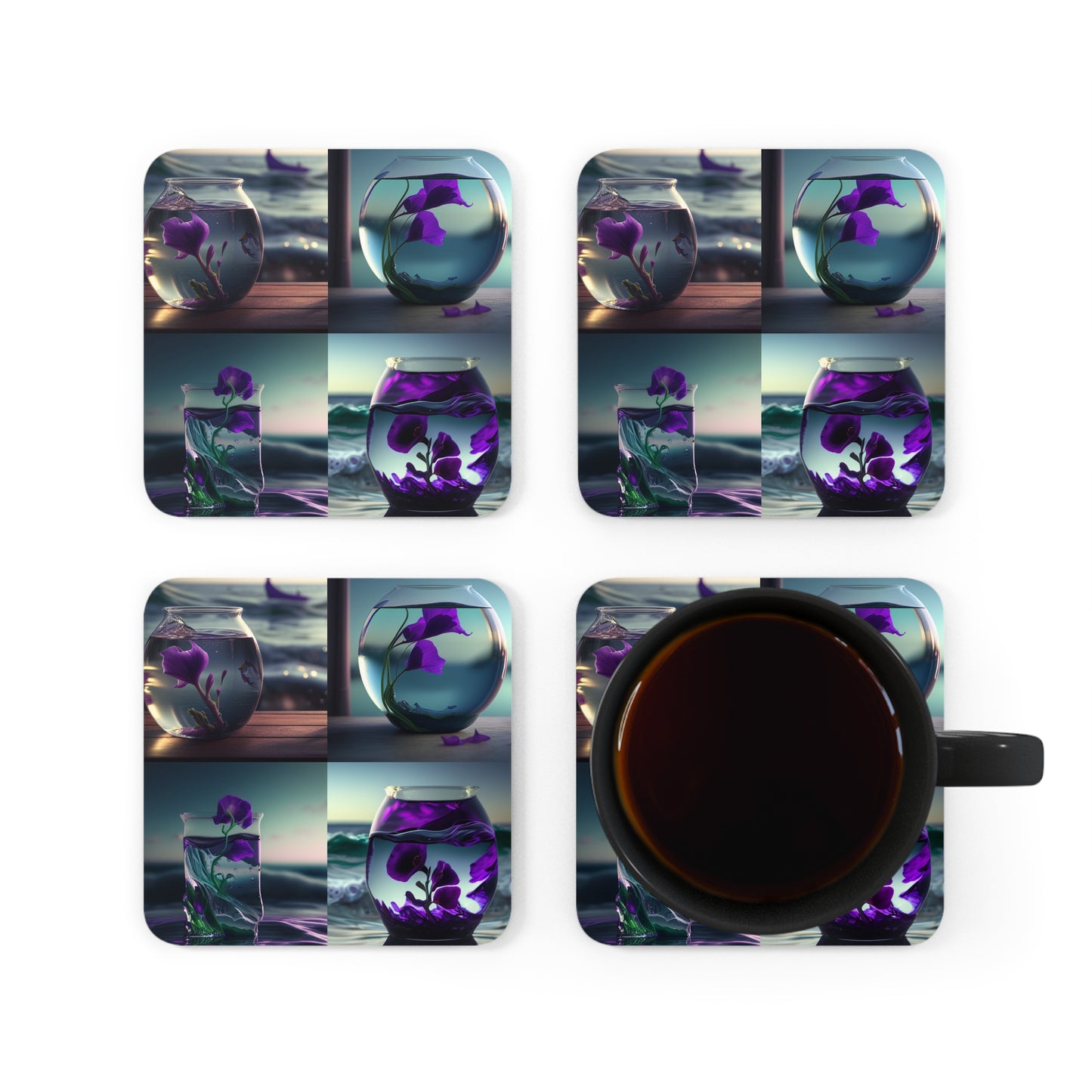 Corkwood Coaster Set Purple Sweet pea in a vase 5