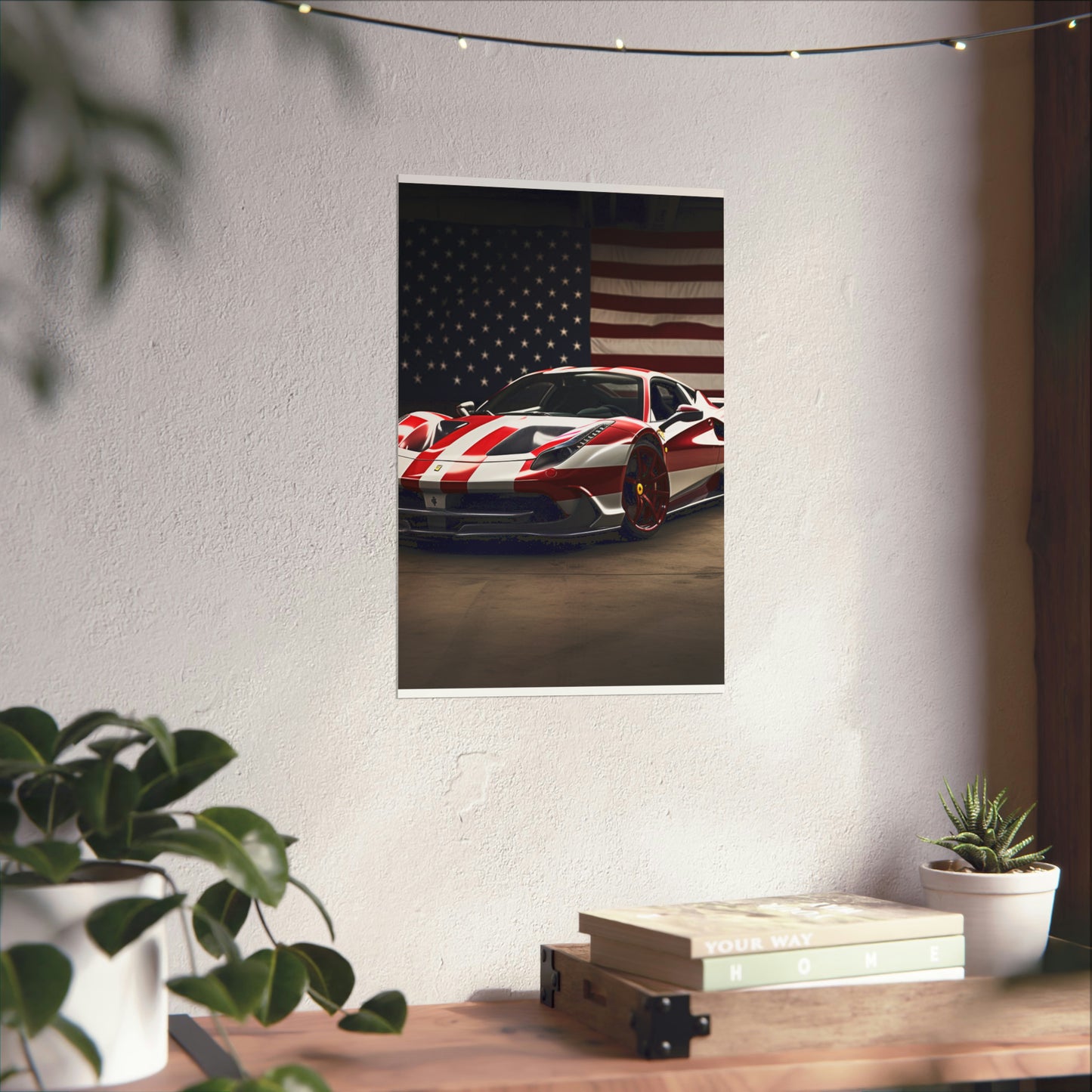 Premium Matte Vertical Posters American Flag Background Ferrari 2