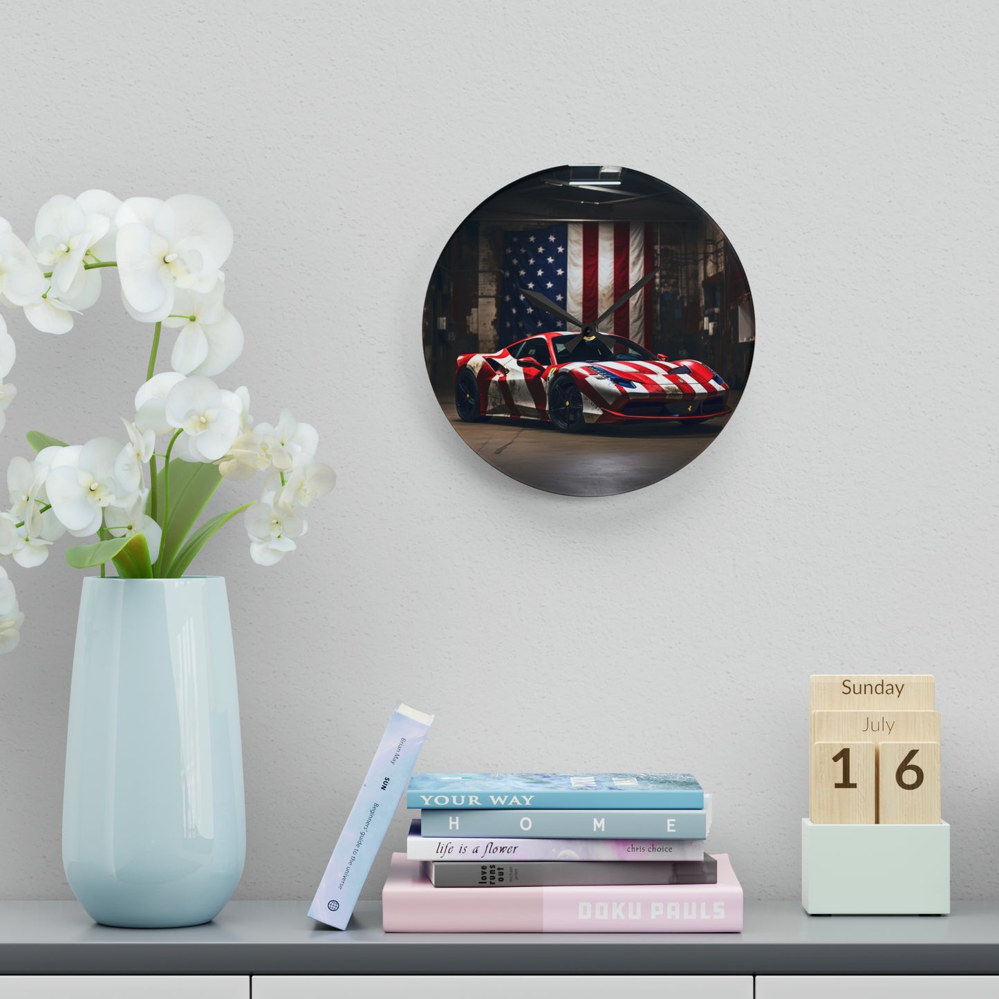 Acrylic Wall Clock American Flag Farrari 2