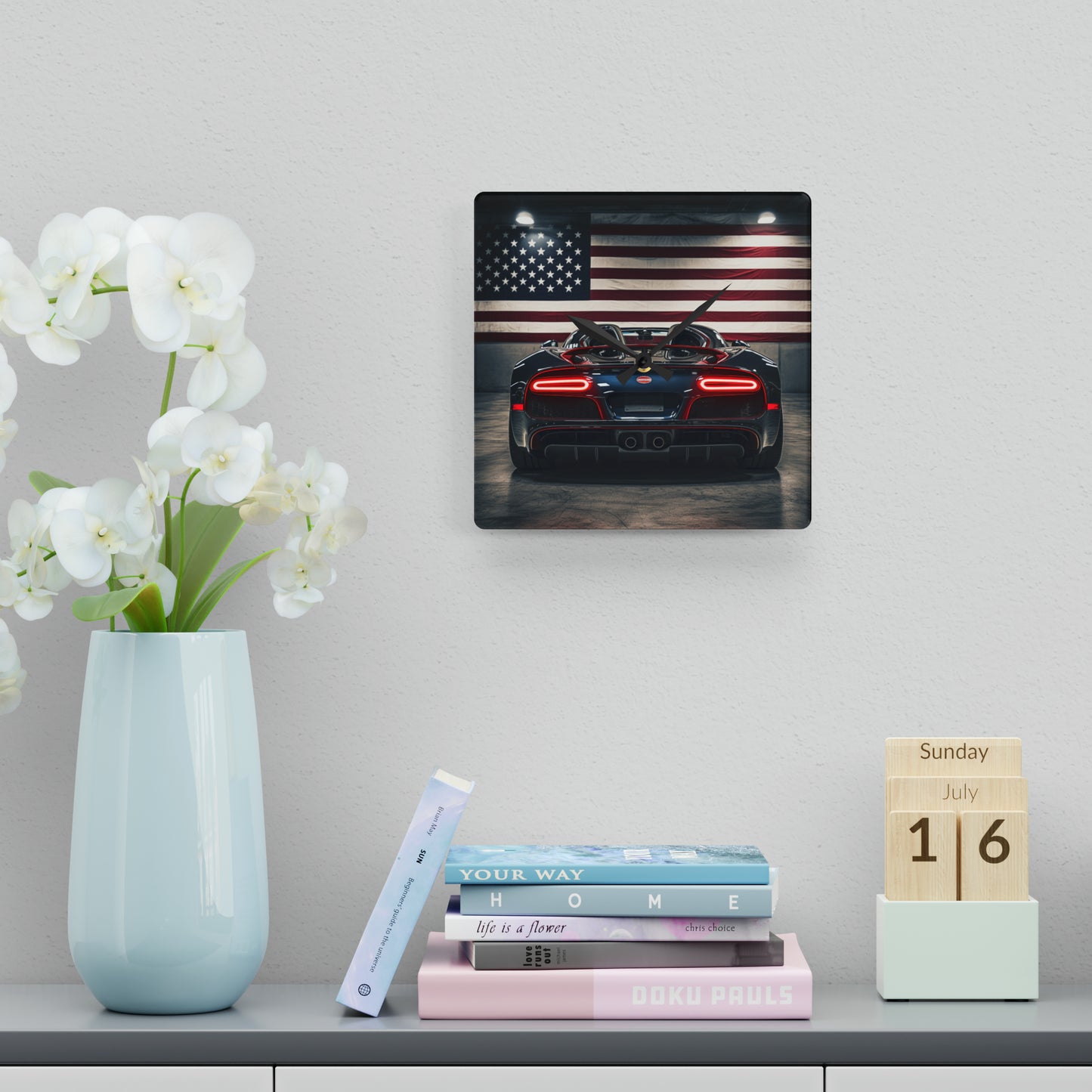 Acrylic Wall Clock American Flag Background Bugatti 4