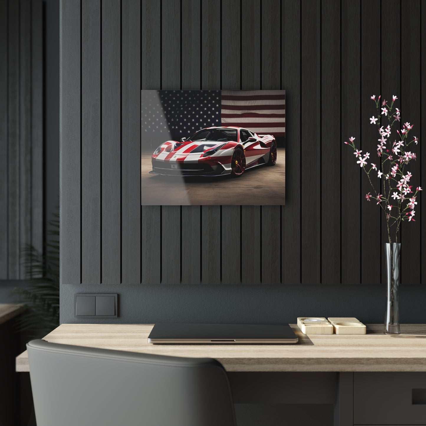 Acrylic Prints American Flag Background Ferrari 2
