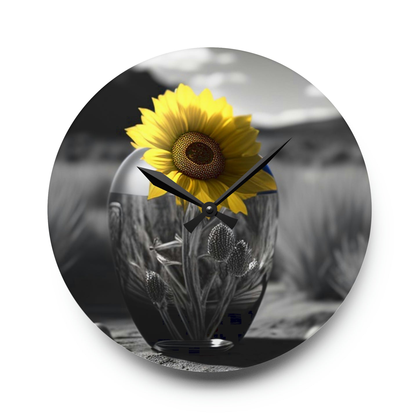 Acrylic Wall Clock Yellw Sunflower in a vase 3