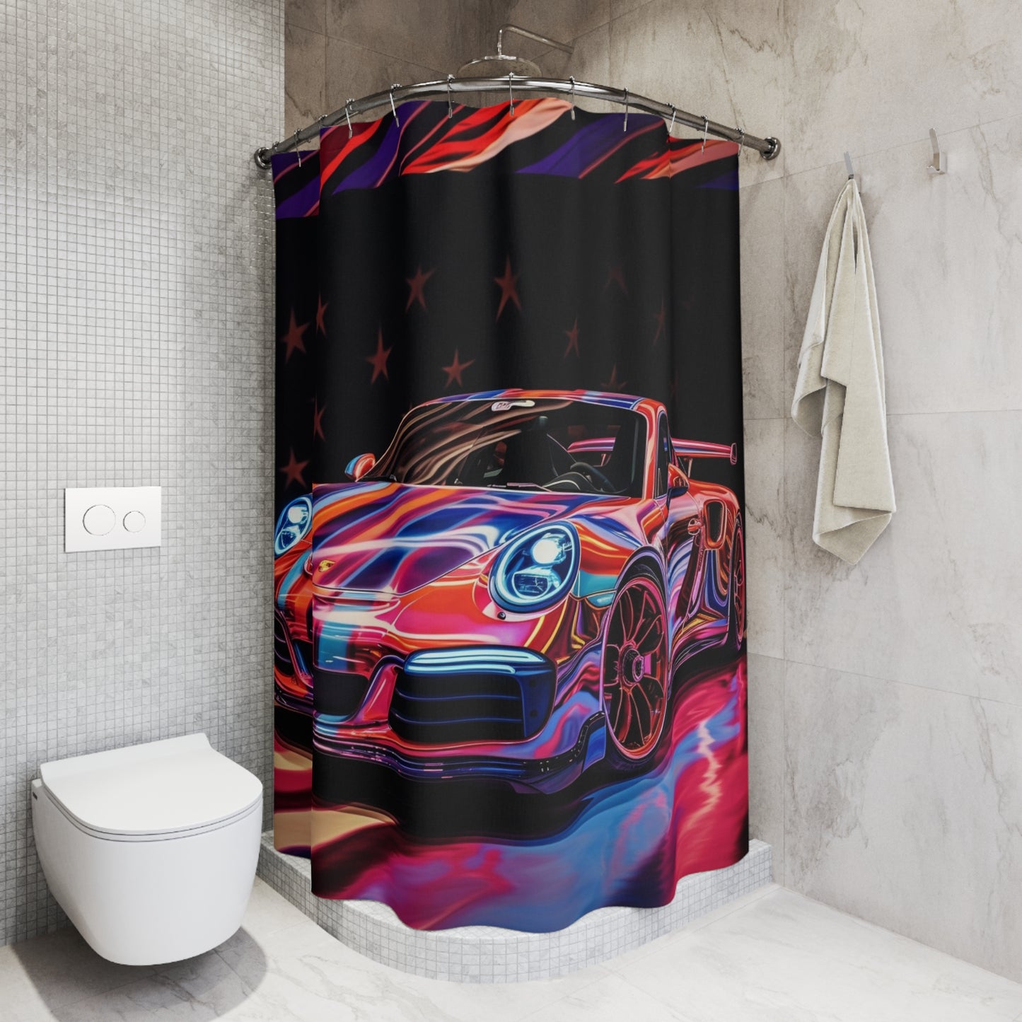 Polyester Shower Curtain American Flag Colored Porsche 4