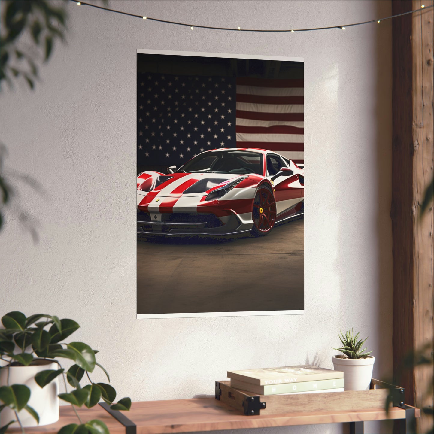 Premium Matte Vertical Posters American Flag Background Ferrari 2